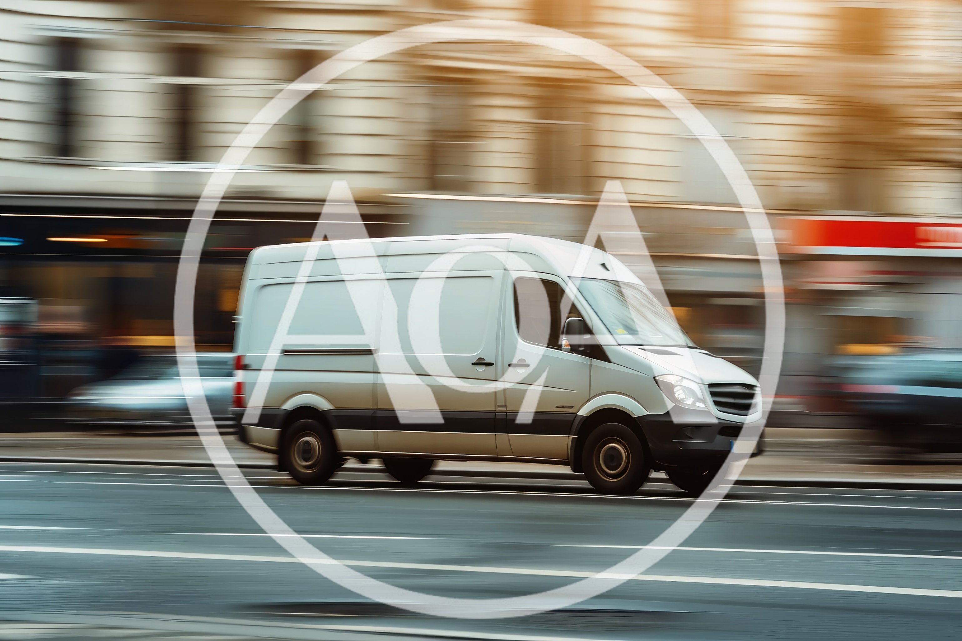 White Delivery Van Driving Fast Through City Street