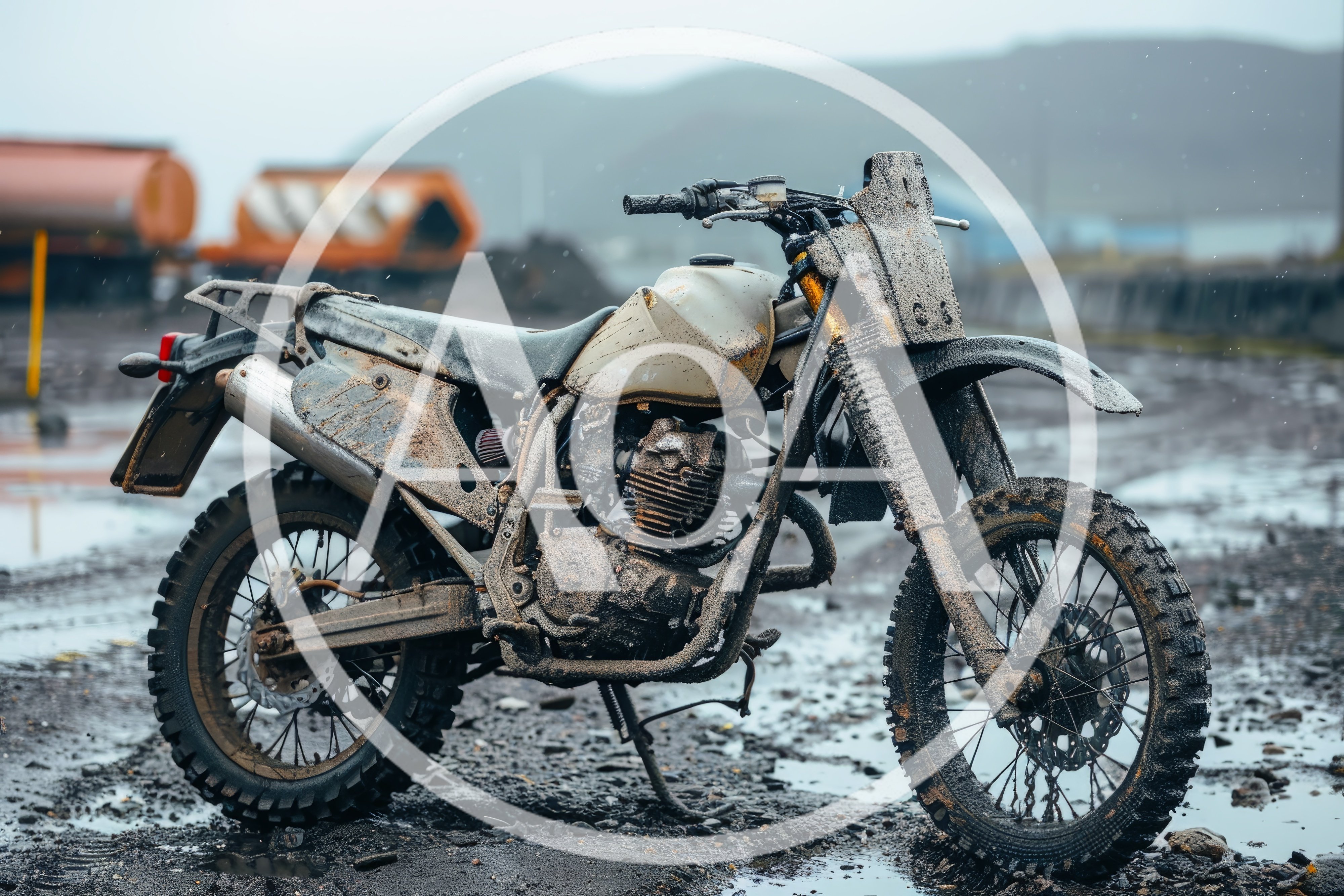 Muddy Off-Road Motorcycle Parked On Wet Ground