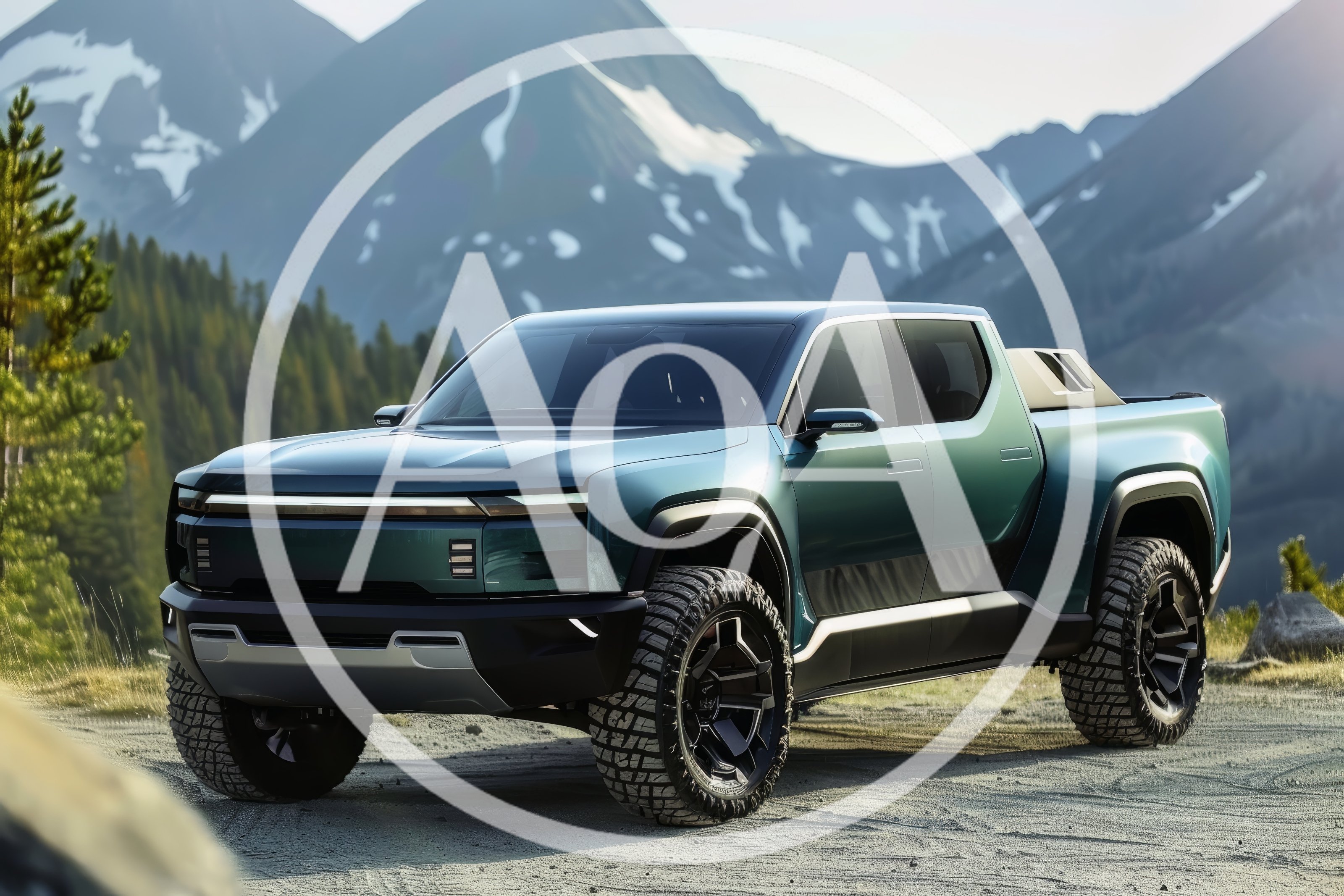 Modern Electric Pickup Truck In Mountain Landscape