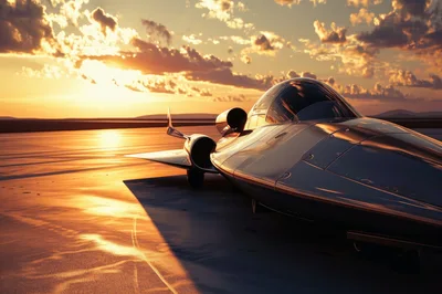 Futuristic Chrome Jet Aircraft On Runway At Sunset