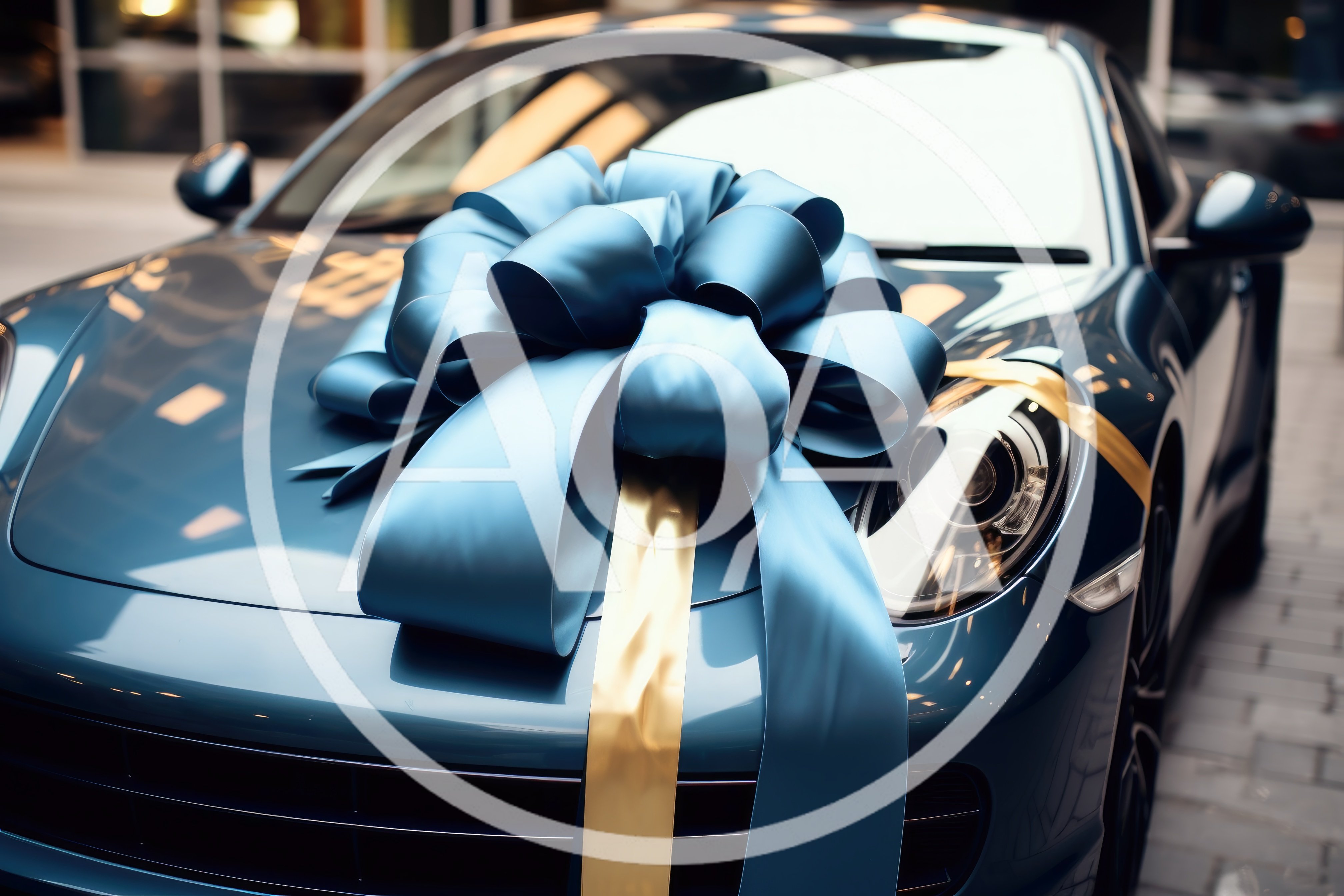Luxury Sports Car With A Large Blue Gift Bow