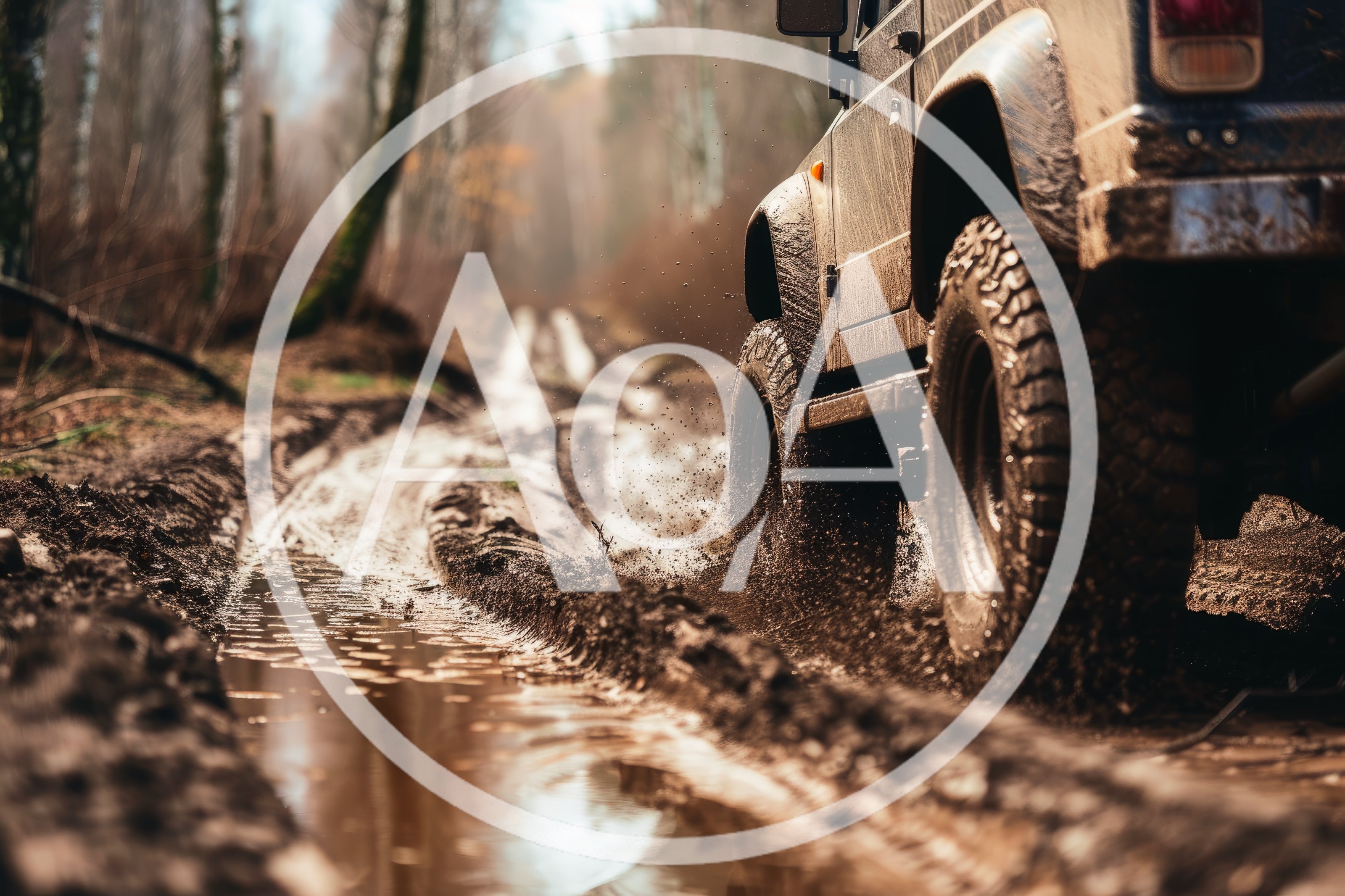 Off-Road Vehicle Driving Through Muddy Forest Trail
