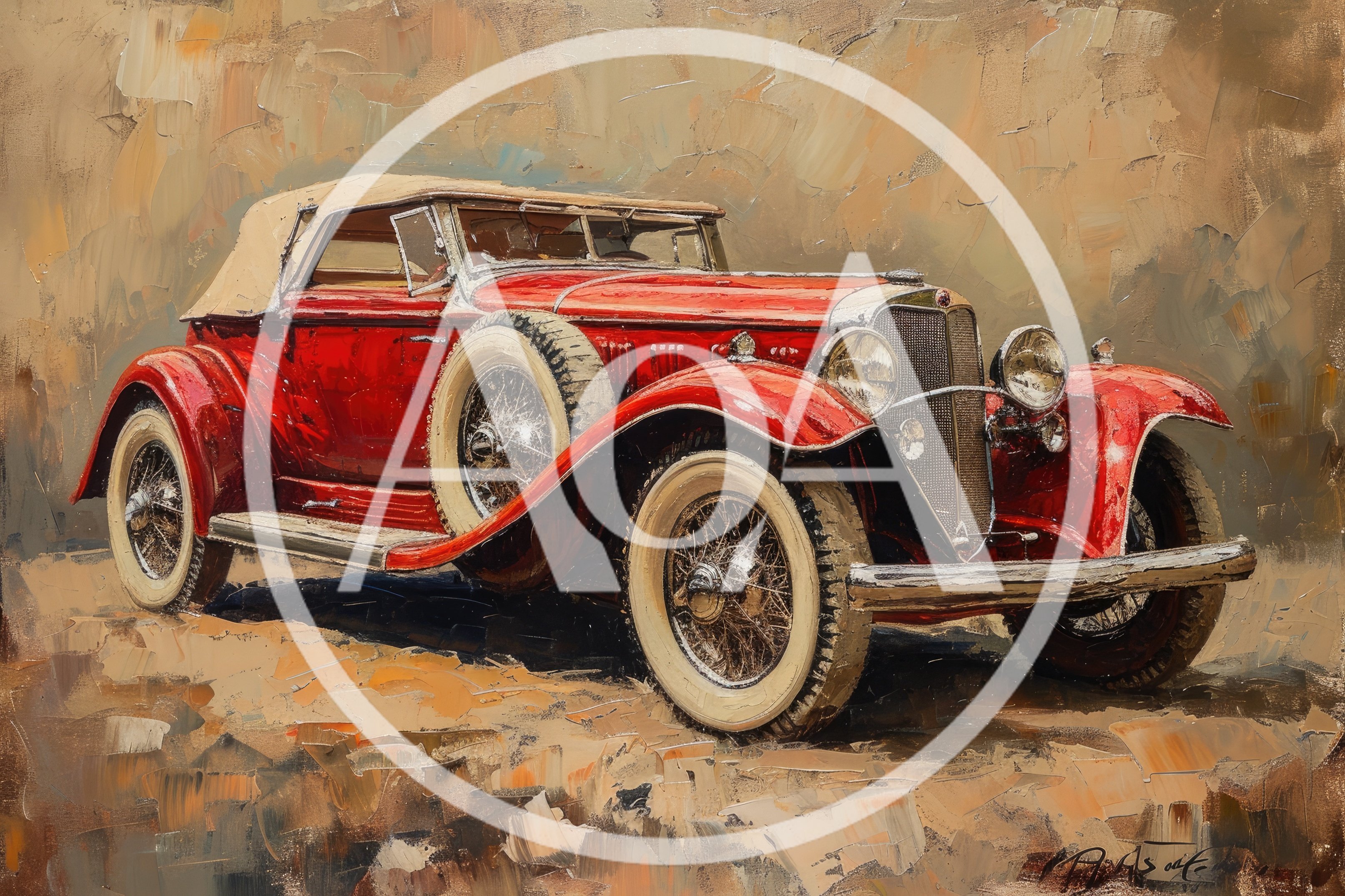 Oil Painting Of A Vintage Red Convertible Car