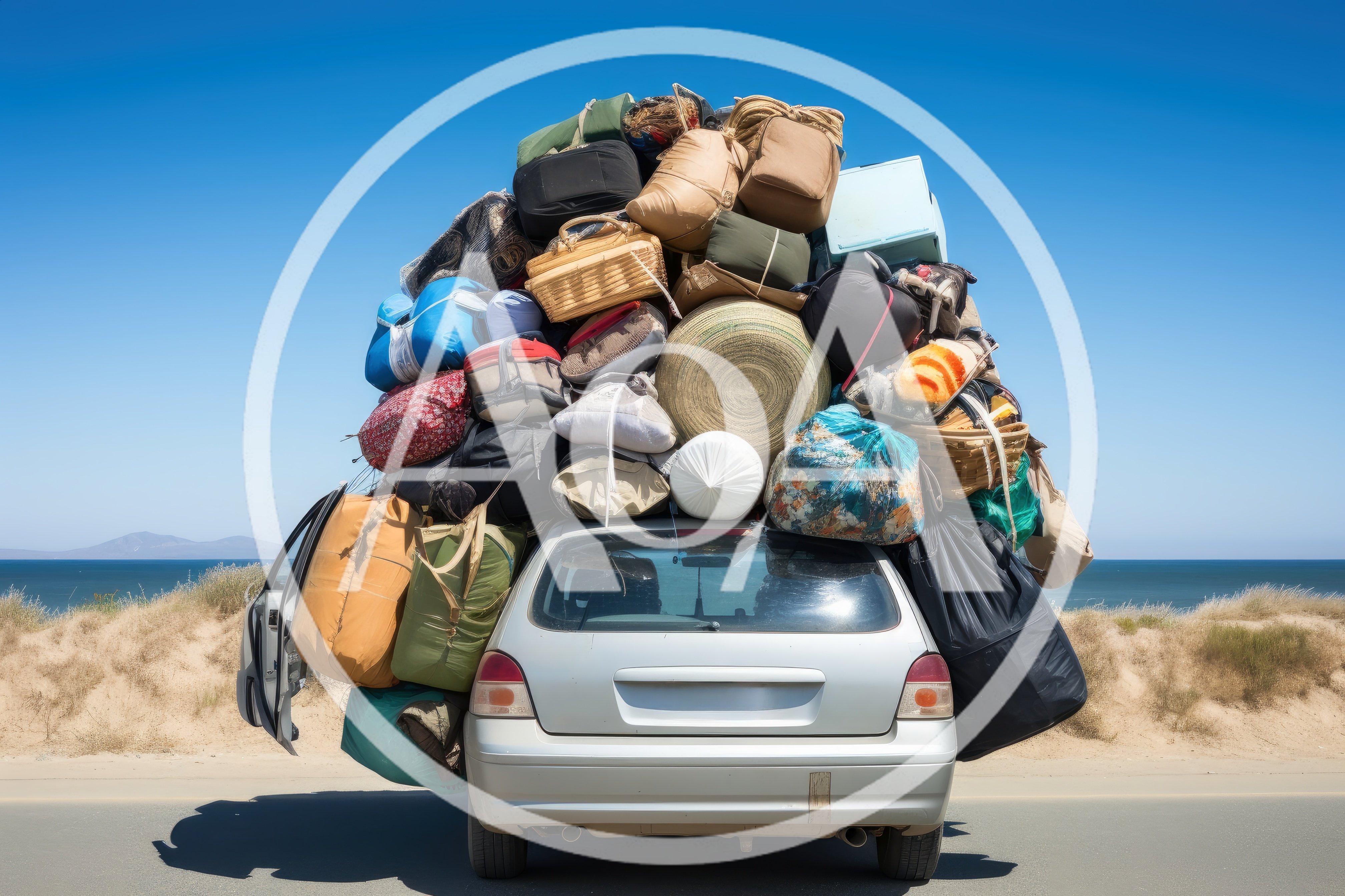 Overloaded Silver Car Packed With Luggage On Coastal Road