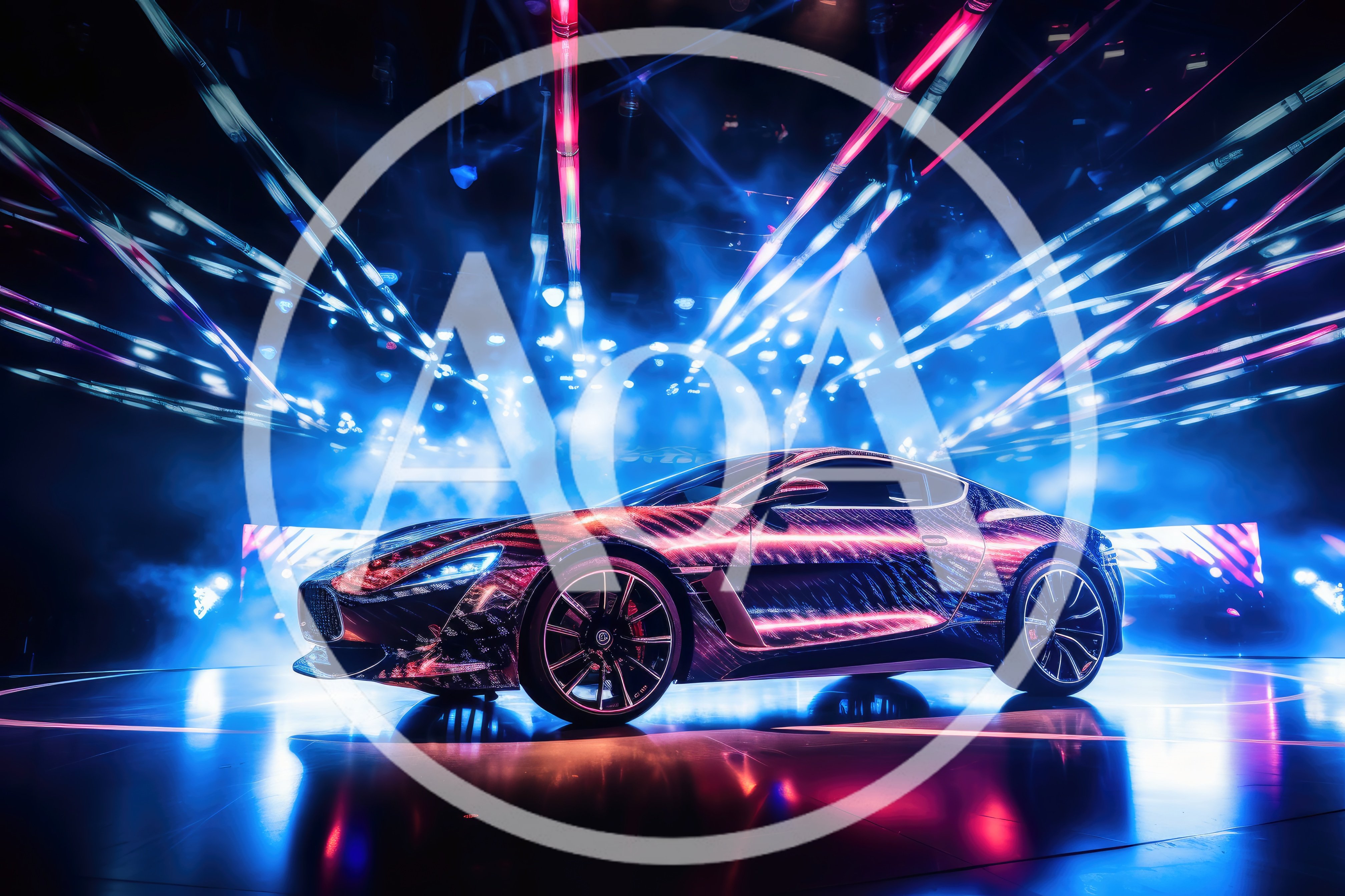 Futuristic Sports Car Displayed Under Neon Lights