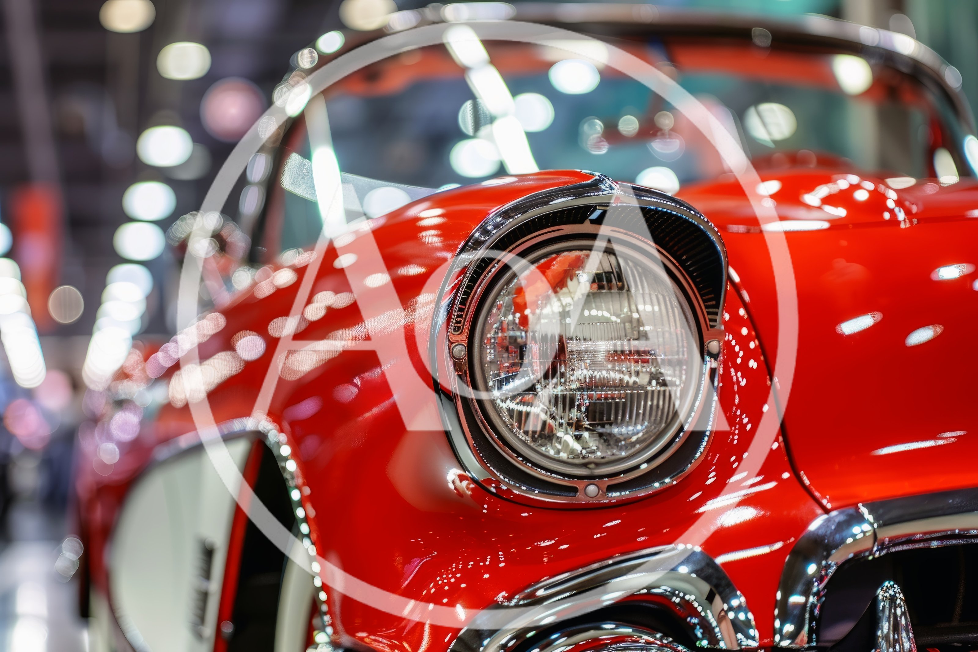 Close Up Of A Classic Red Vintage Car Headlight