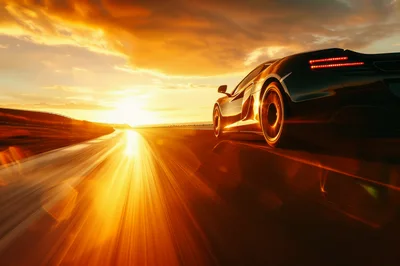 Supercar Driving Fast On Highway At Sunset