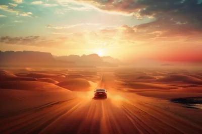 Luxury Sedan Driving Through Vast Desert Landscape