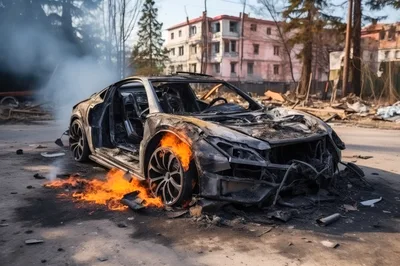 Burned Out Sports Car Wreckage On City Street