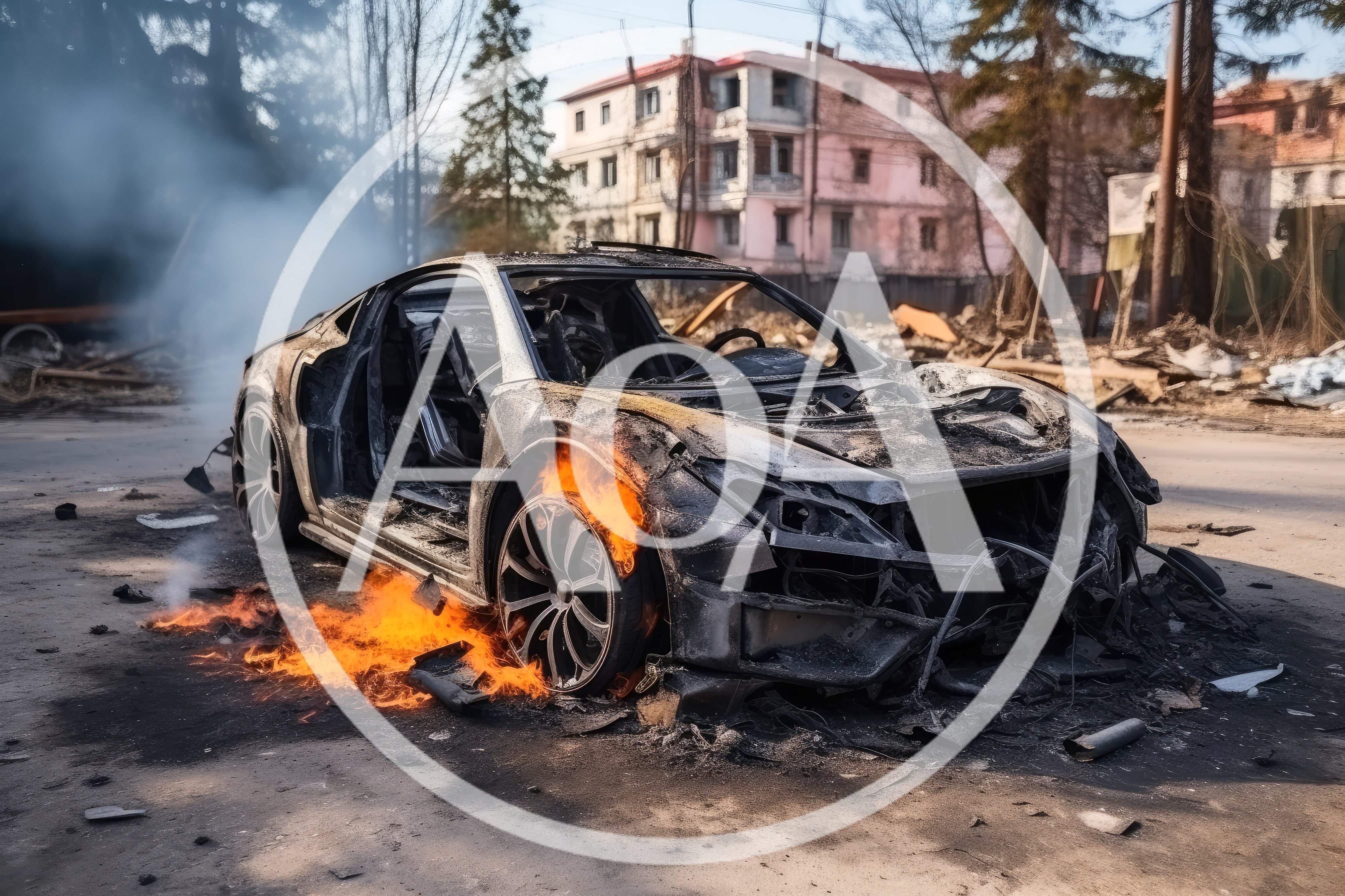 Burned Out Sports Car Wreckage On City Street