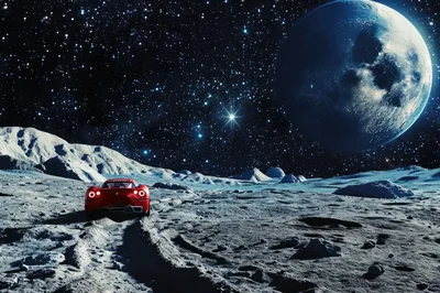Red Sports Car Driving On The Moon Surface