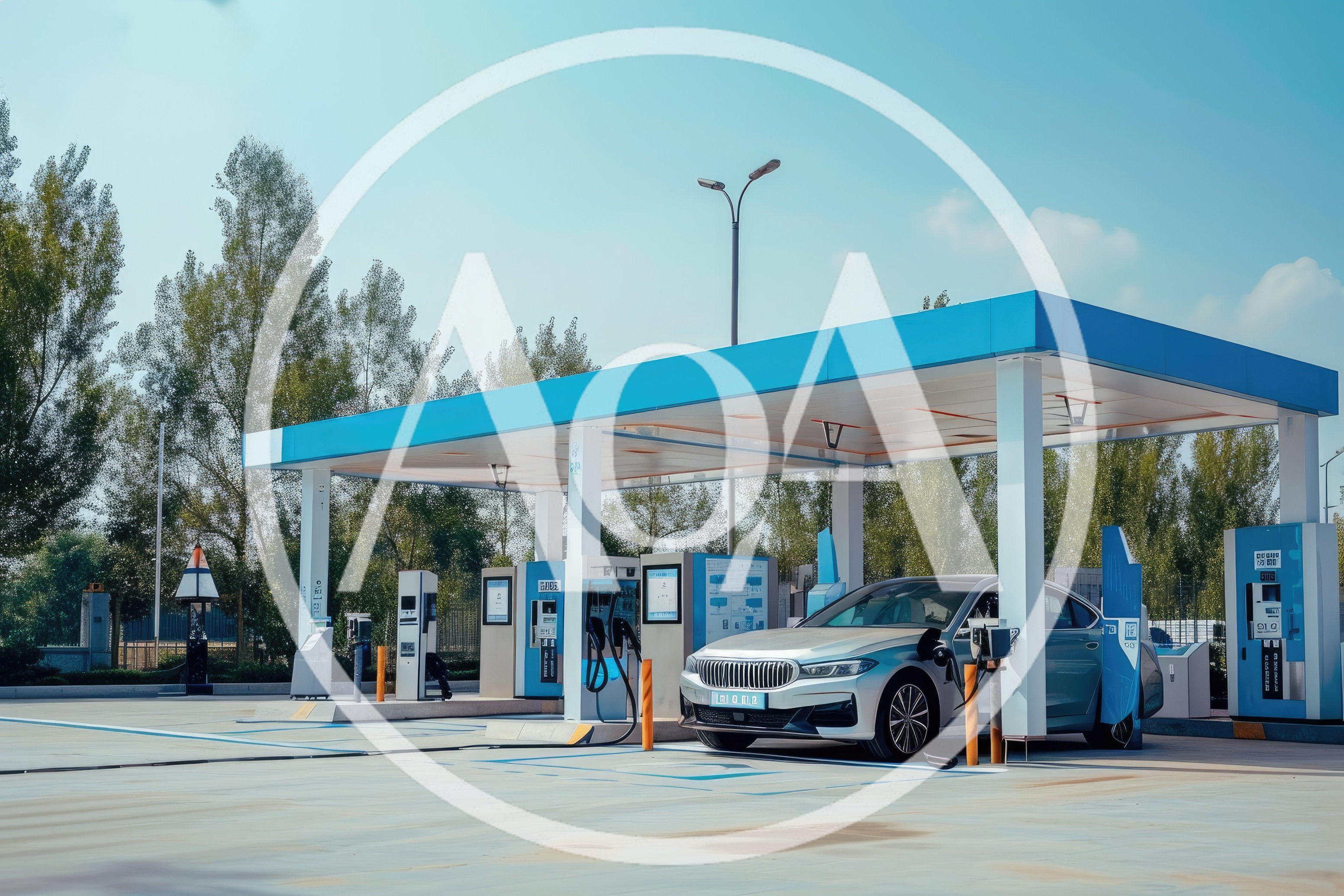 Silver Electric Sedan Charging At Modern Station
