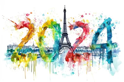 Watercolor Illustration Of 2024 With Eiffel Tower