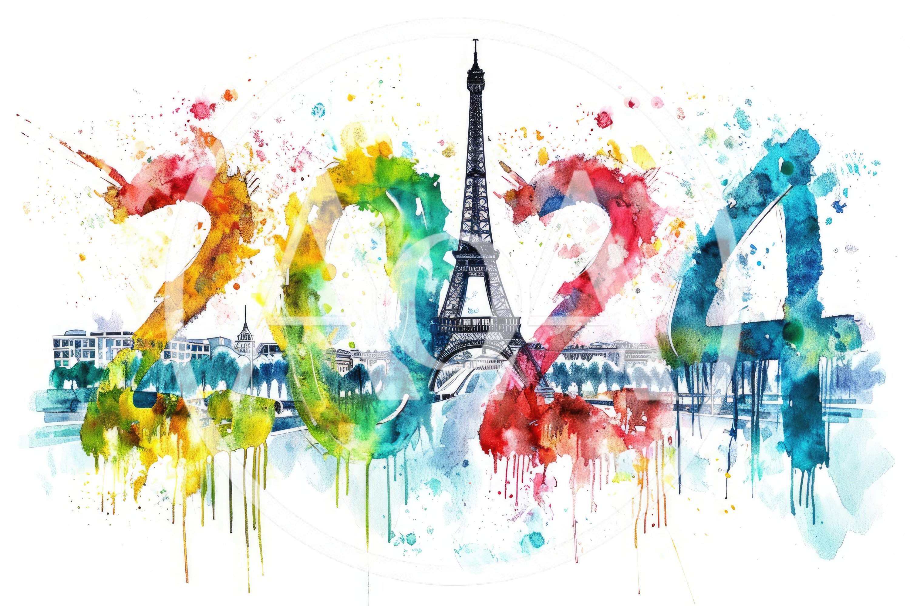 Watercolor Illustration Of 2024 With Eiffel Tower