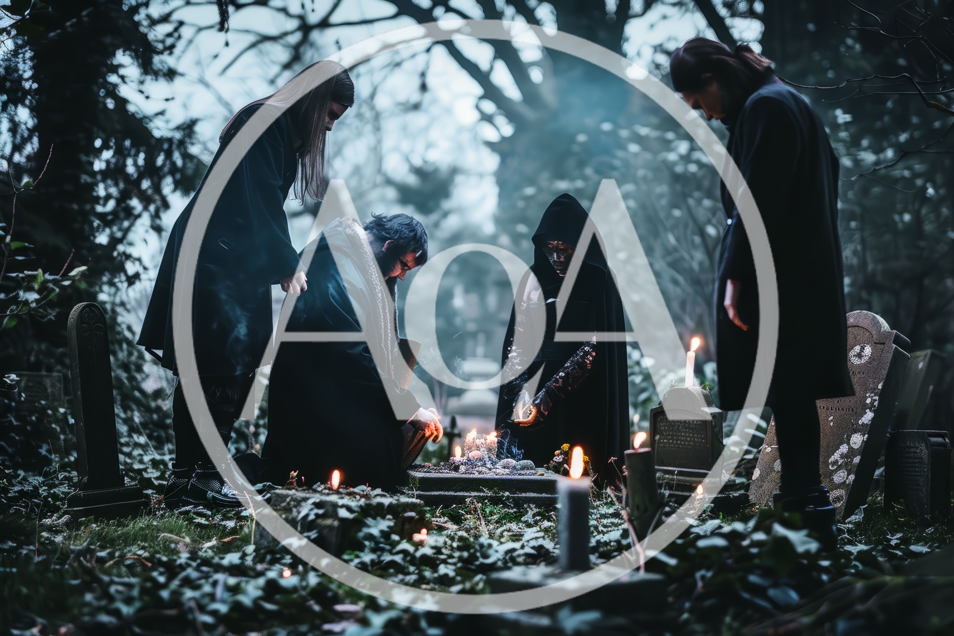Group Performing Occult Ritual In A Misty Graveyard