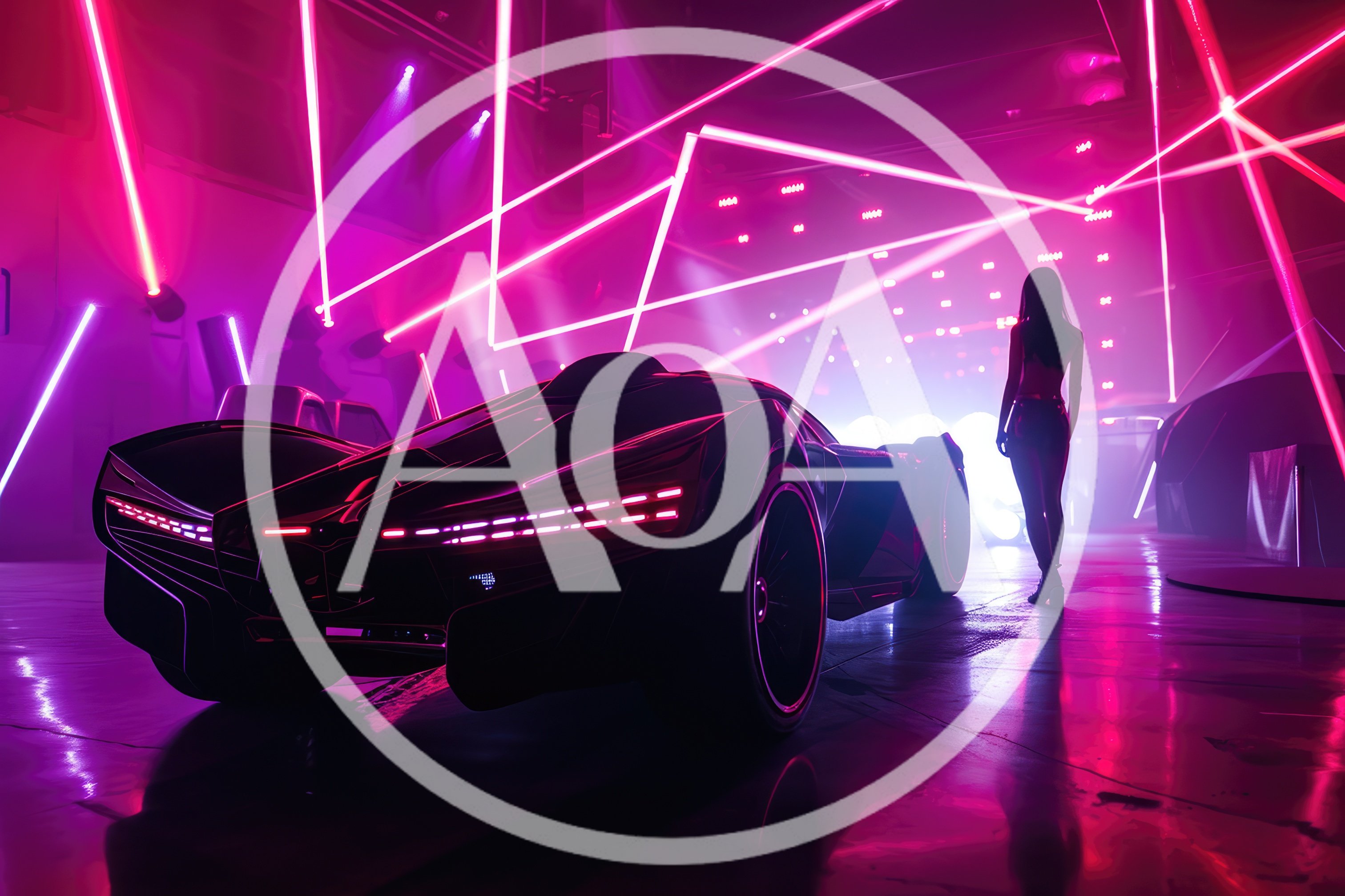 Futuristic Sports Car With Woman In Neon Studio