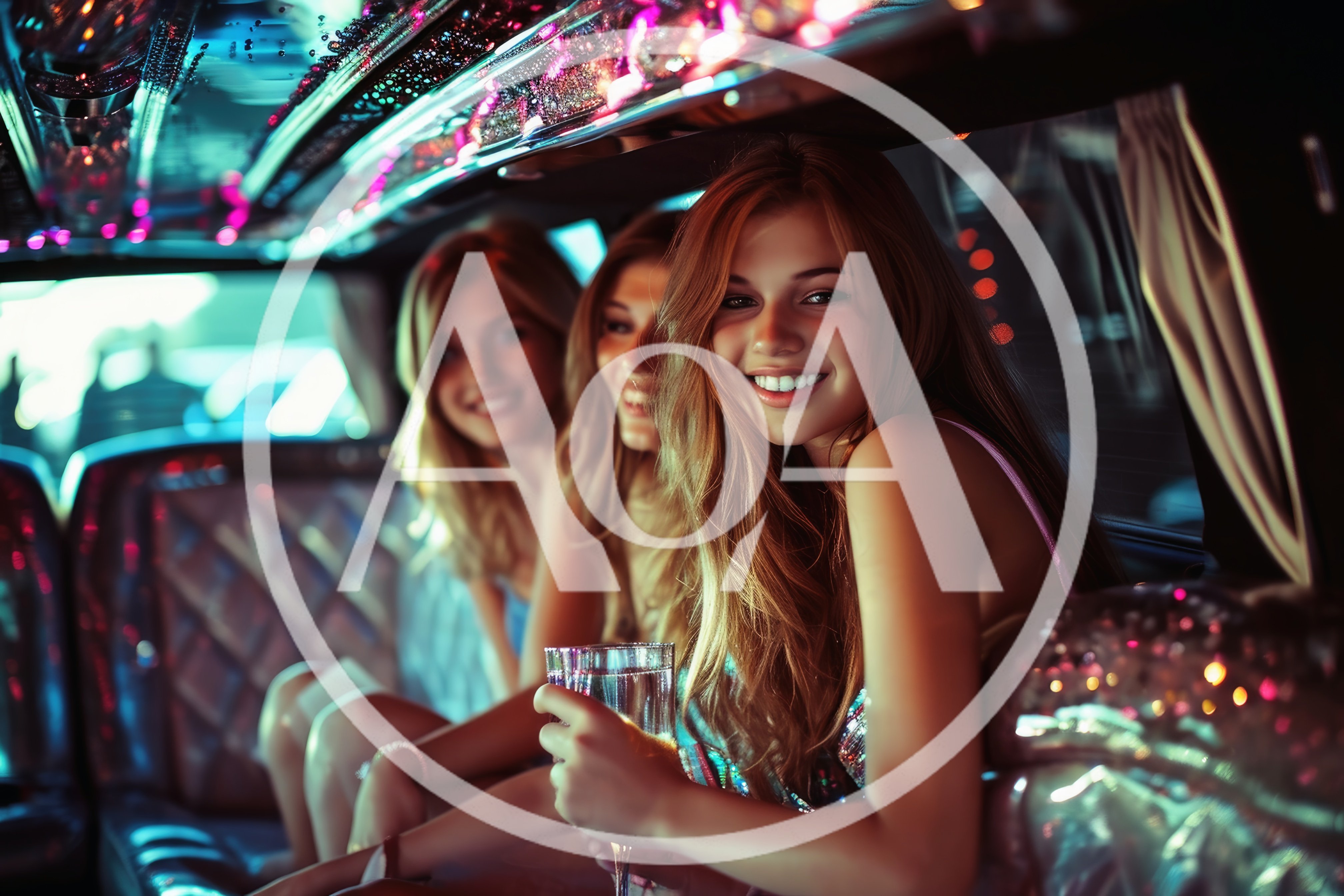 Three Young Women Celebrating In A Luxury Limousine