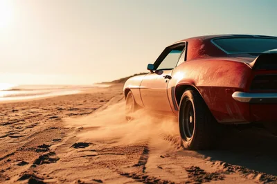 Red Muscle Car Driving On Sandy Beach