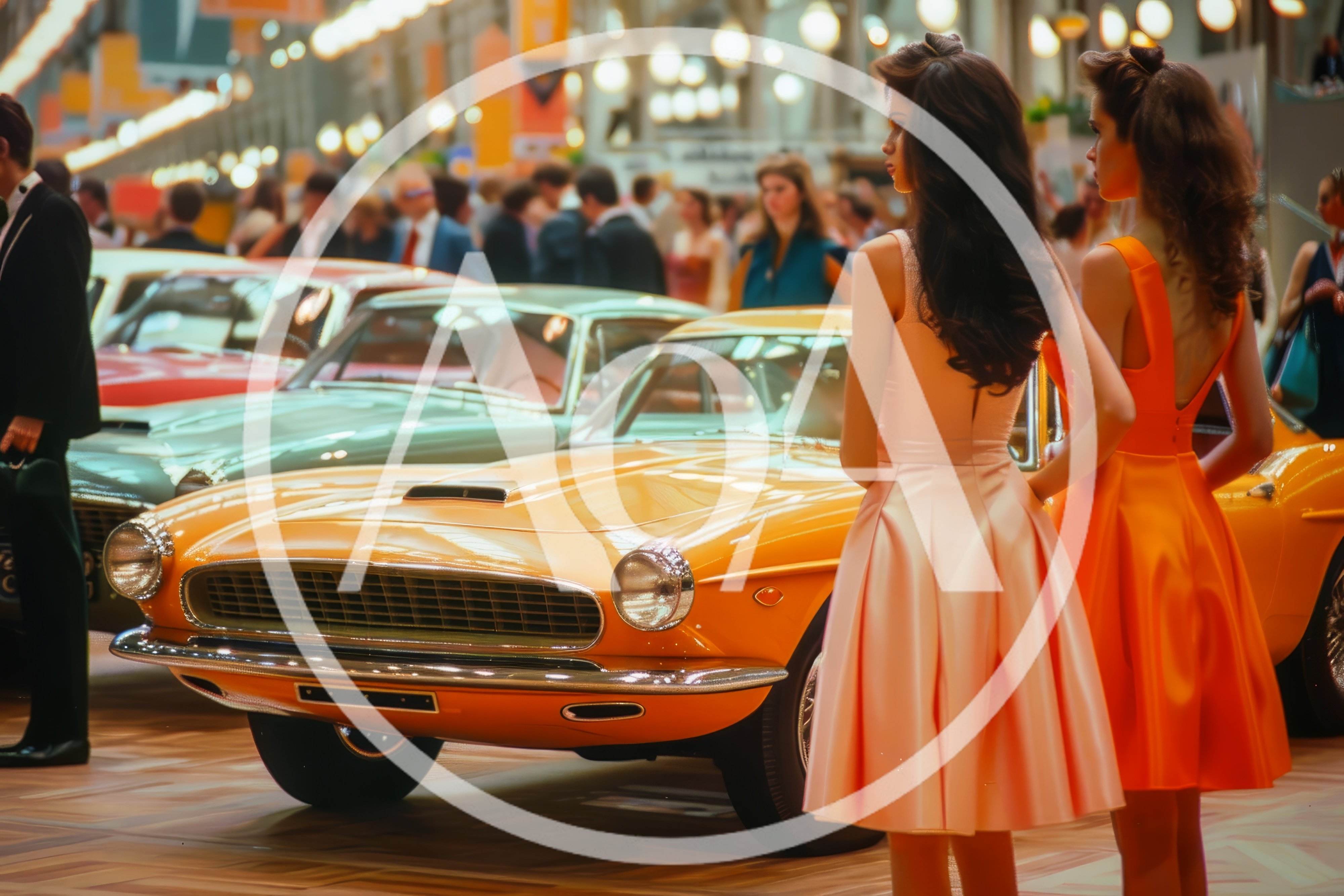 Elegant Women Posing Beside Vintage Sports Cars