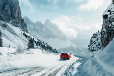 Red SUV Driving Through Snowy Mountain Pass