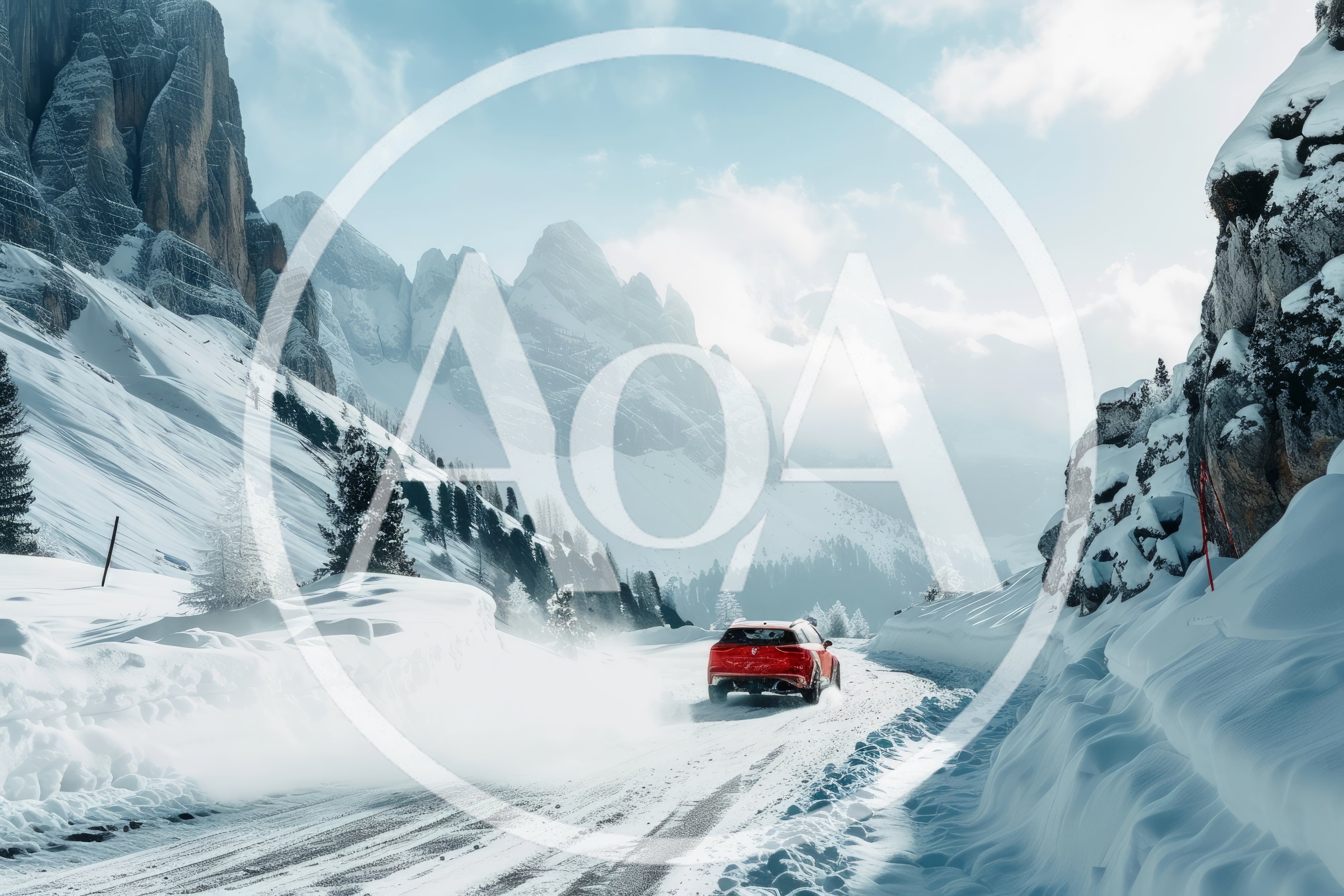 Red SUV Driving Through Snowy Mountain Pass
