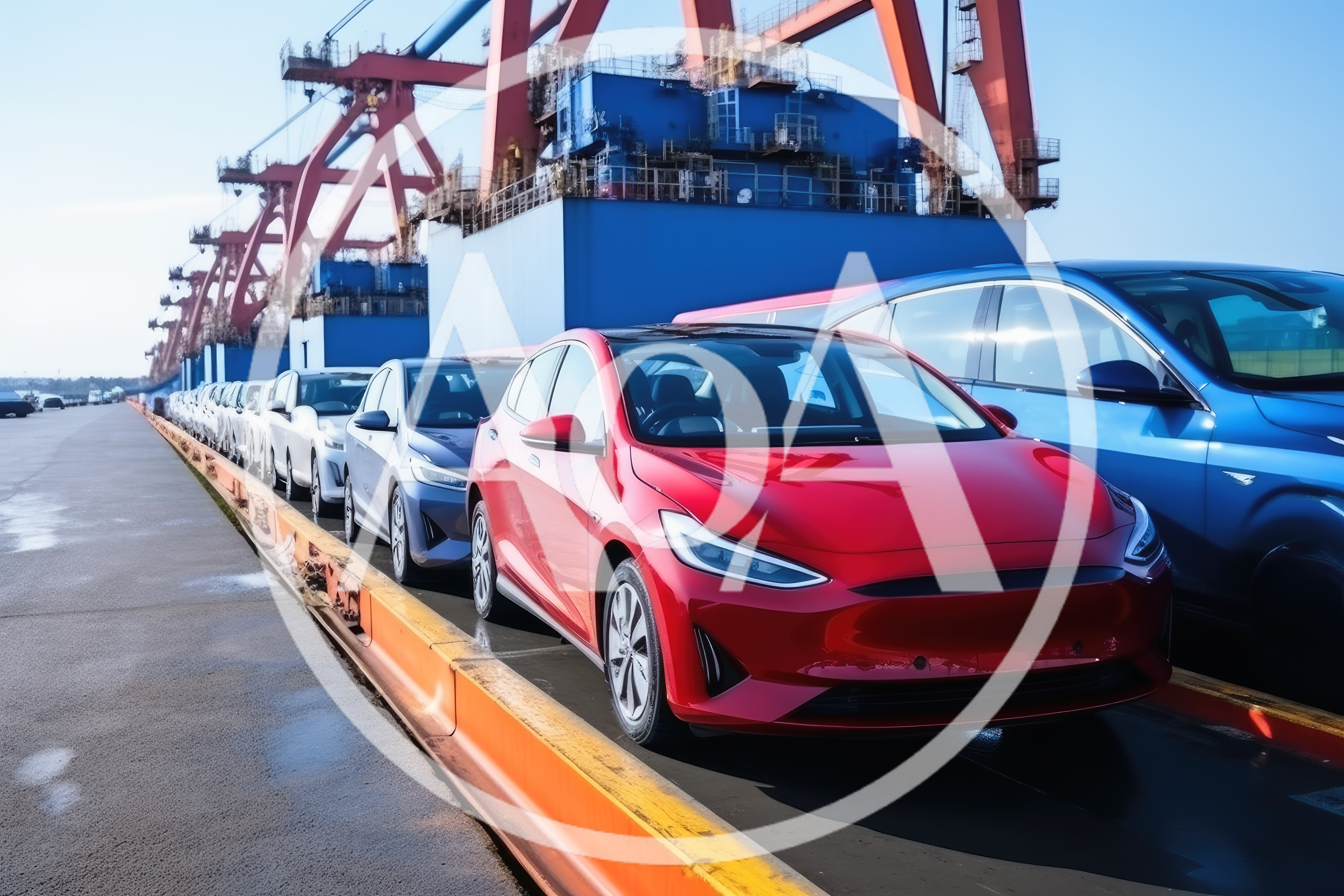 New Electric Cars Parked At Industrial Shipping Port