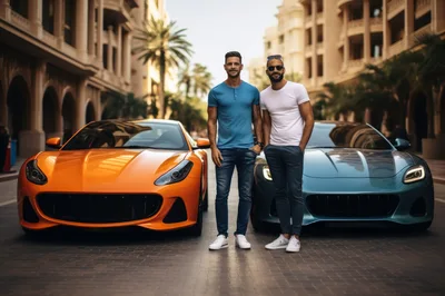Two Stylish Men Standing Between Luxury Sports Cars