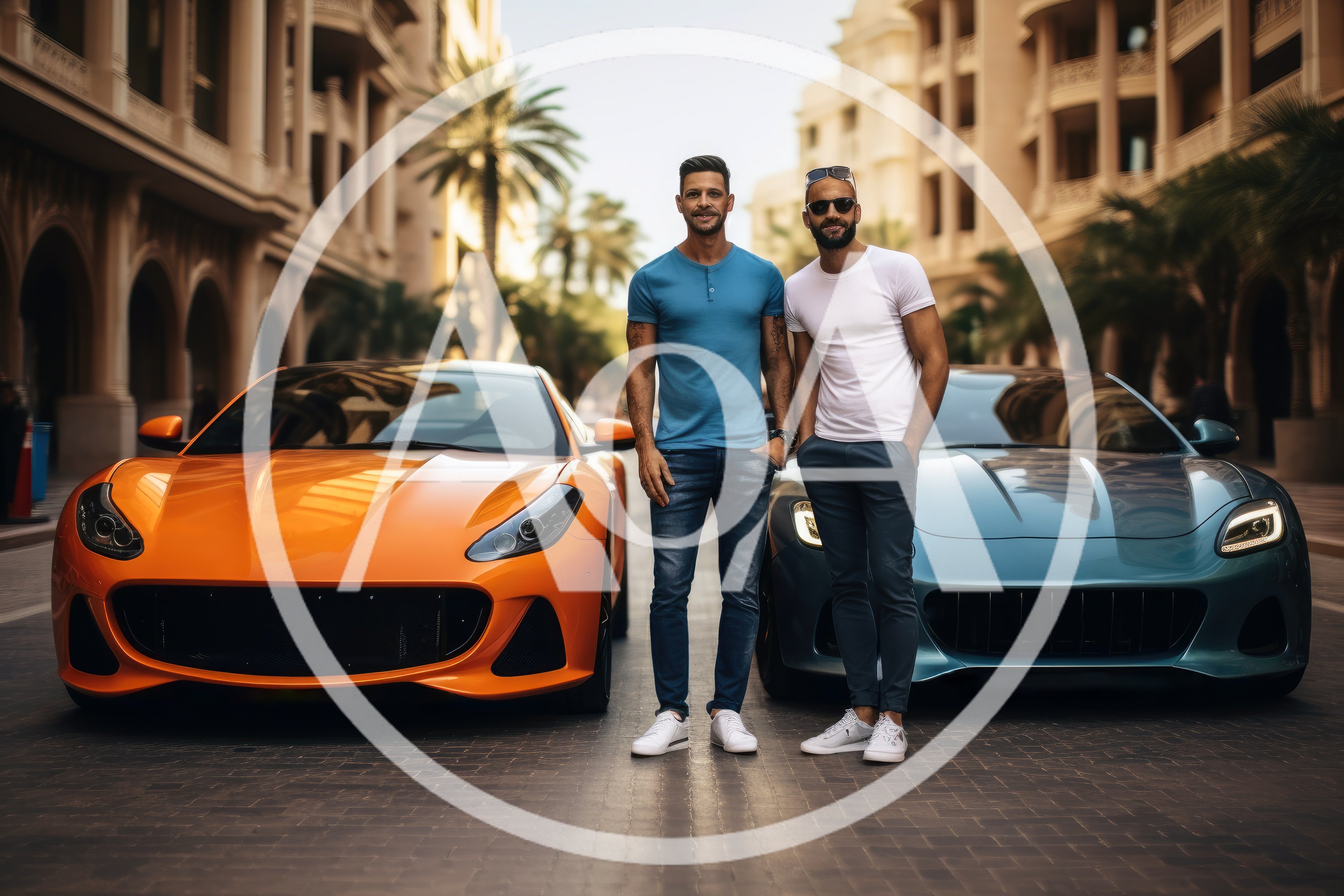 Two Stylish Men Standing Between Luxury Sports Cars