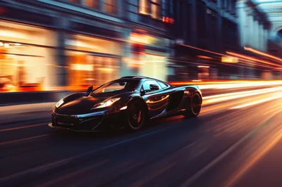 Black Supercar Driving Through City Streets At Night