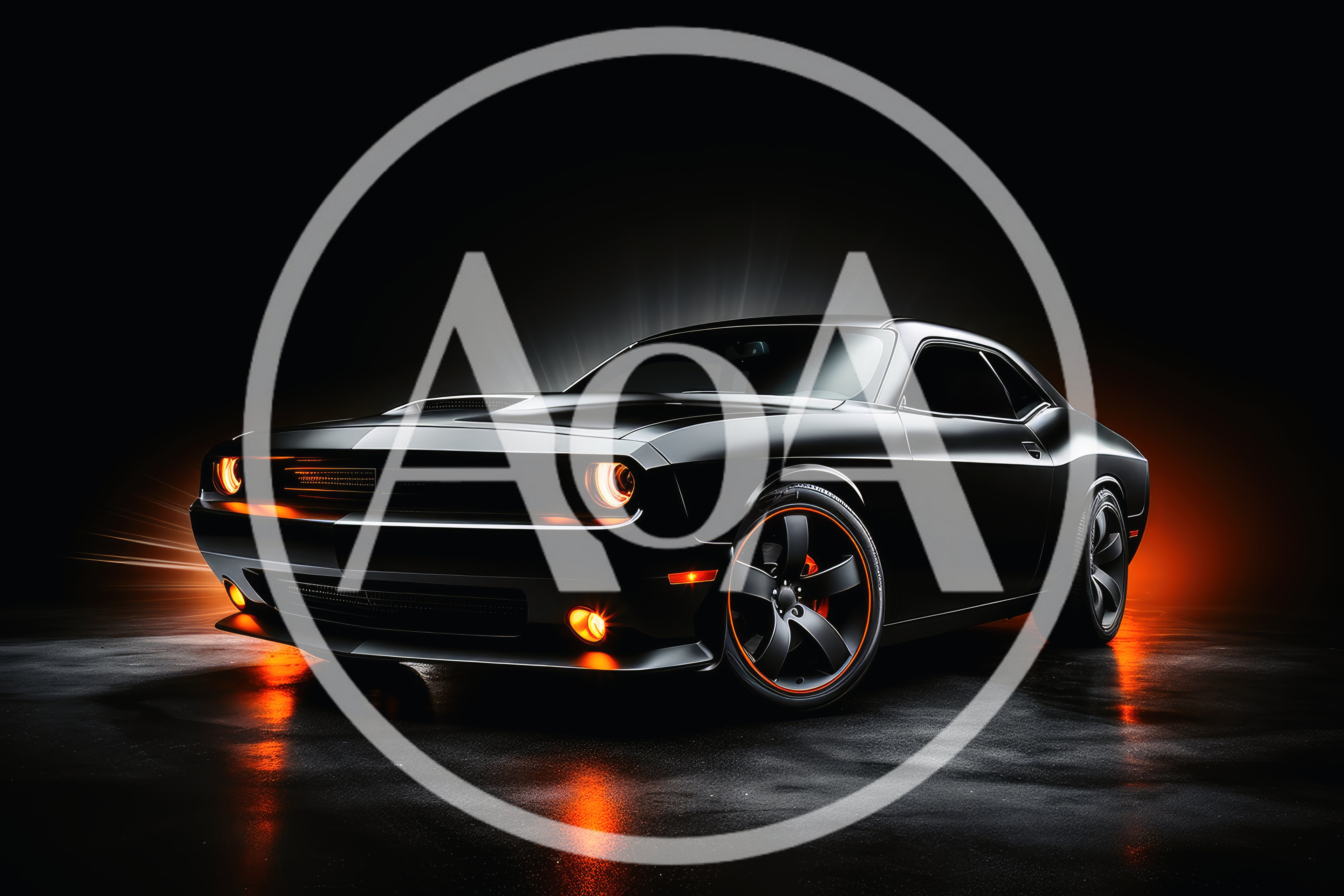 Black Dodge Challenger Muscle Car In Dark Studio