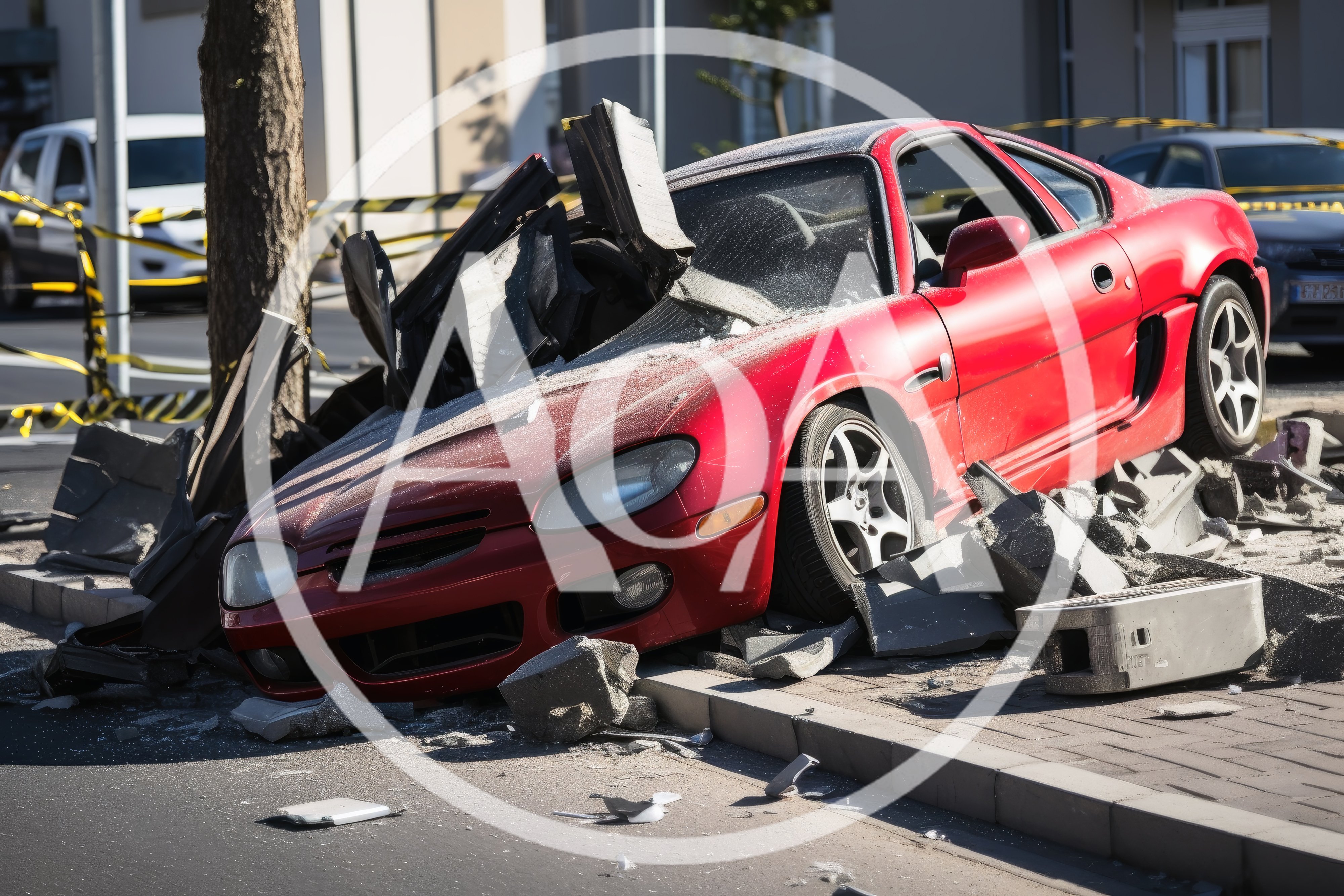Red Sports Car Crashed Into A Tree