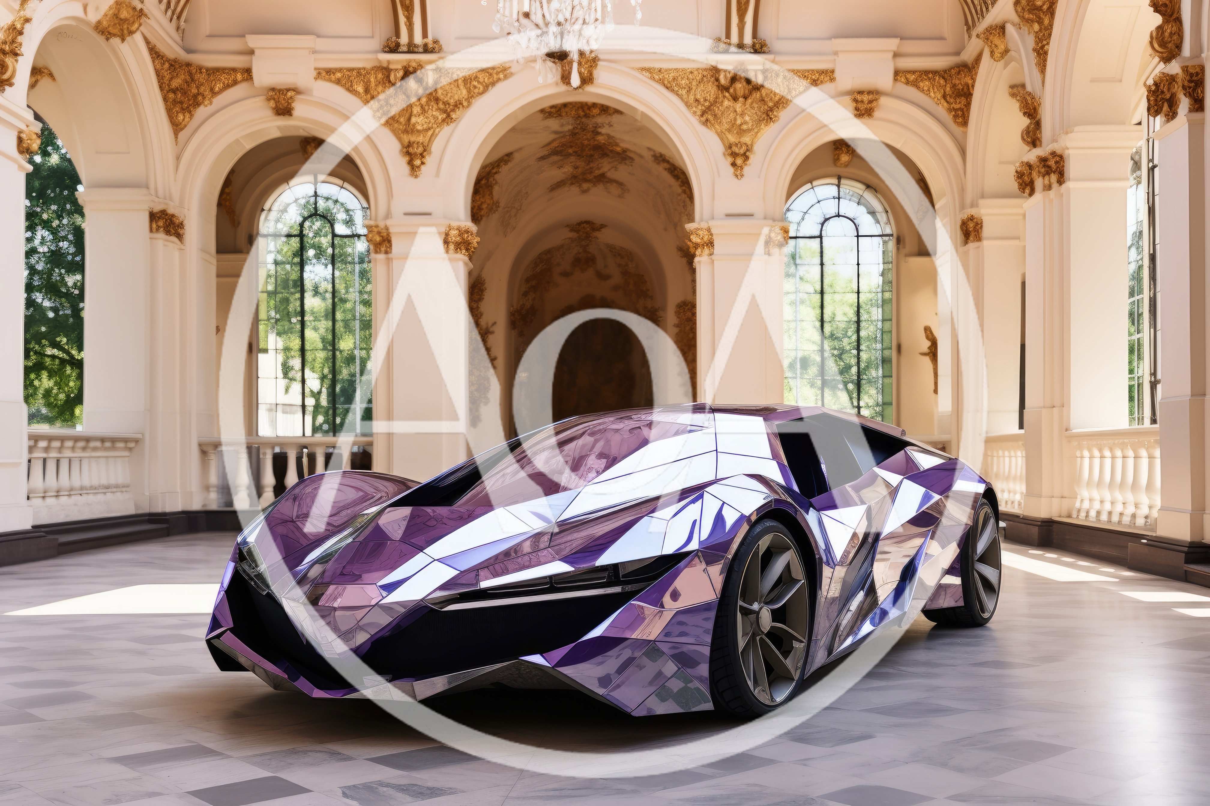 Futuristic Purple Geometric Concept Car in Grand Palace