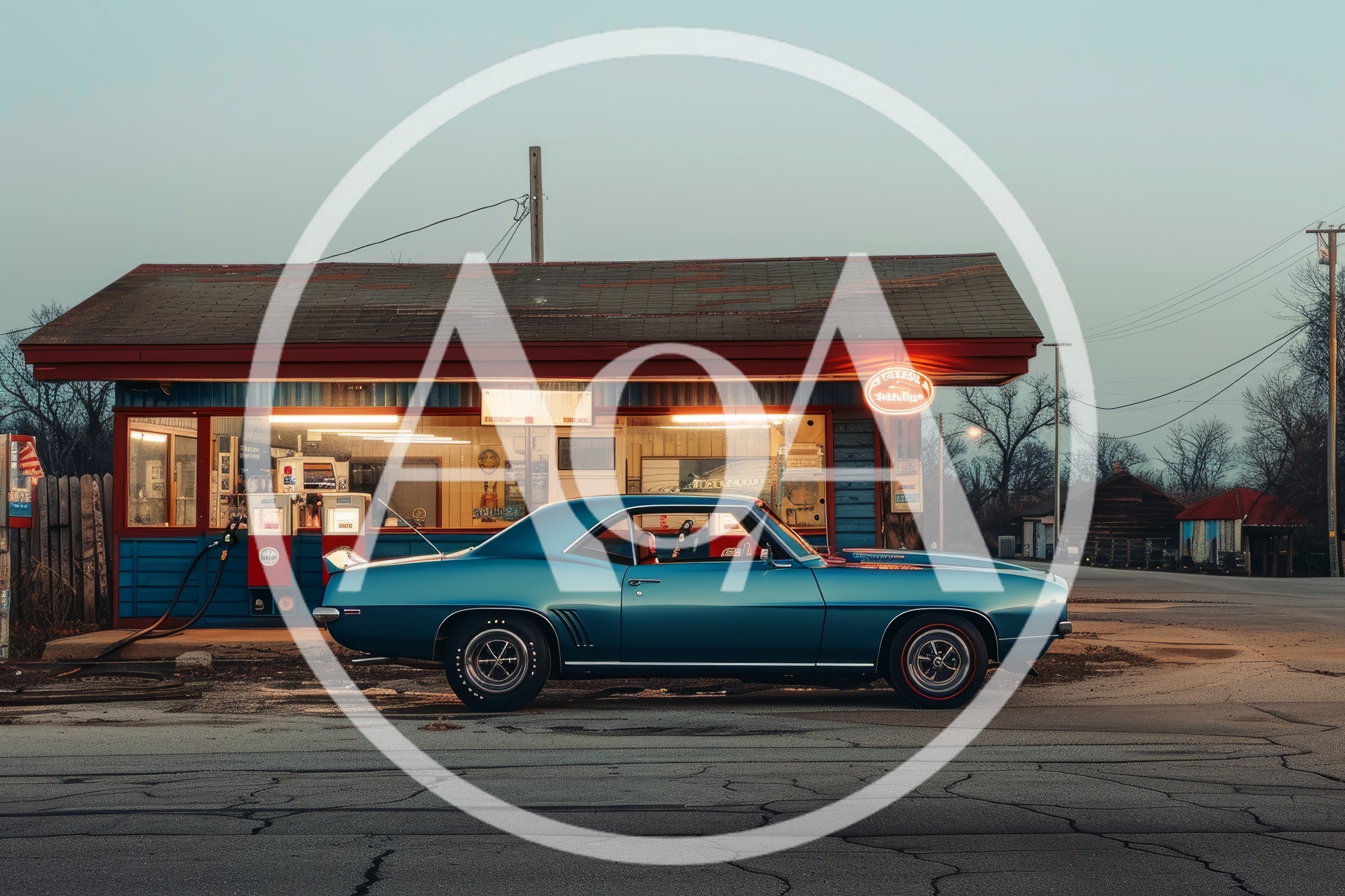 Classic Blue Muscle Car Parked At Vintage Gas Station
