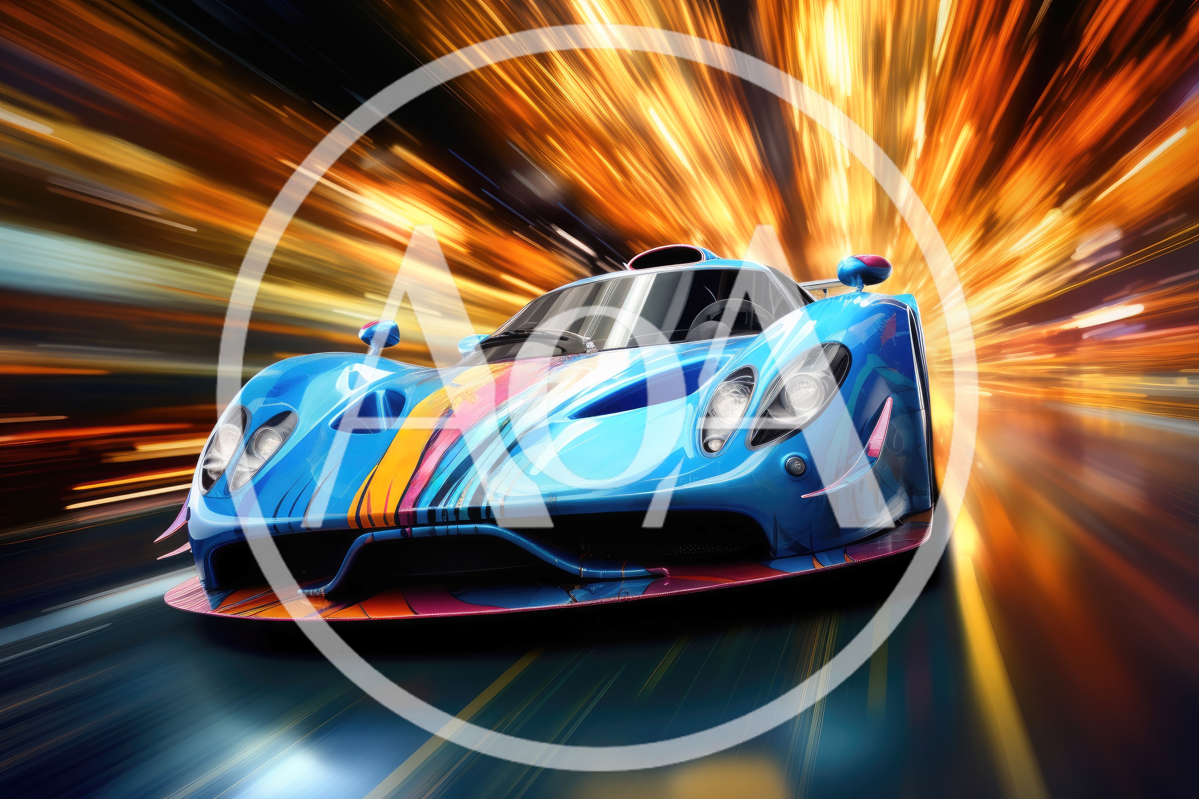 Blue Supercar Speeding Through Abstract Light Trails