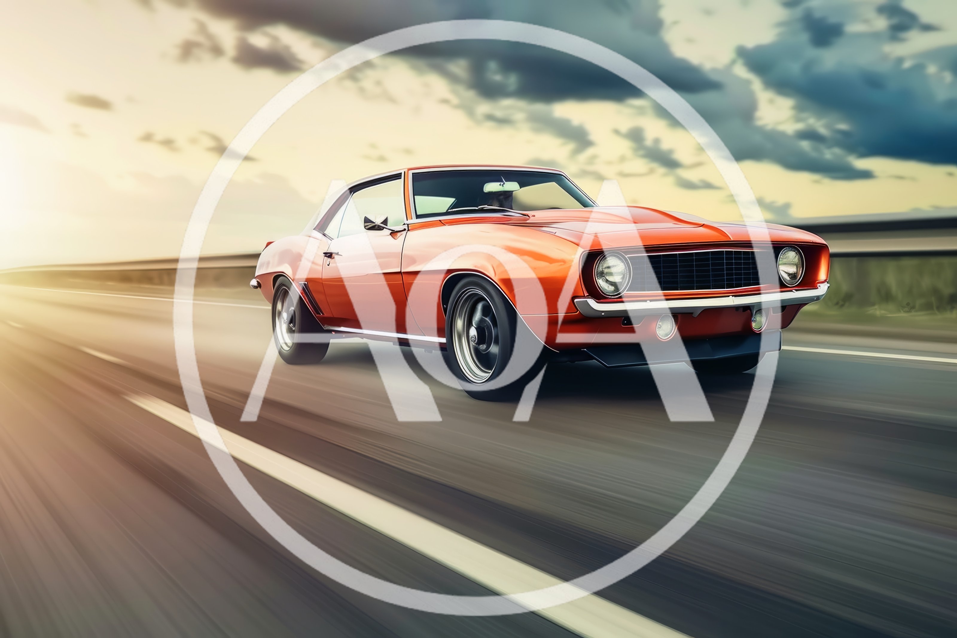 Classic Orange Muscle Car Driving On Highway