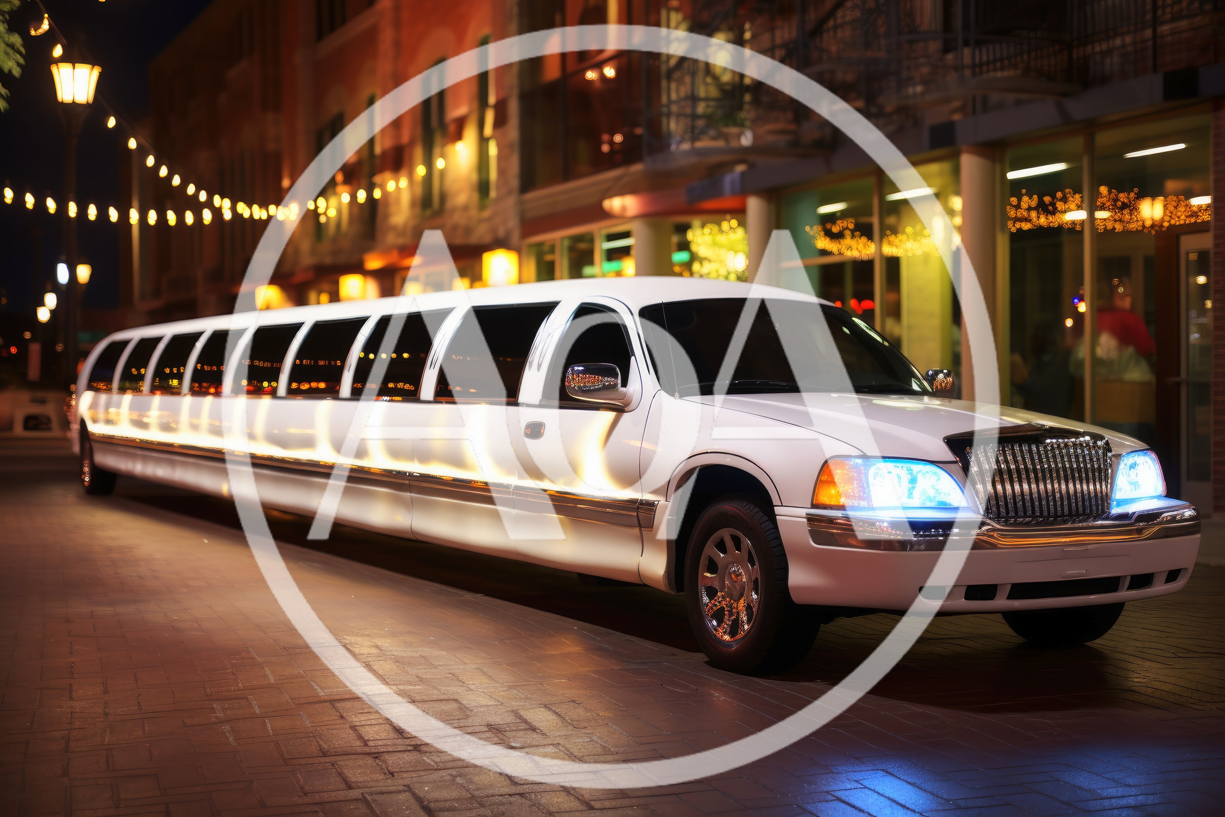 White Stretch Limousine Parked on City Street at Night