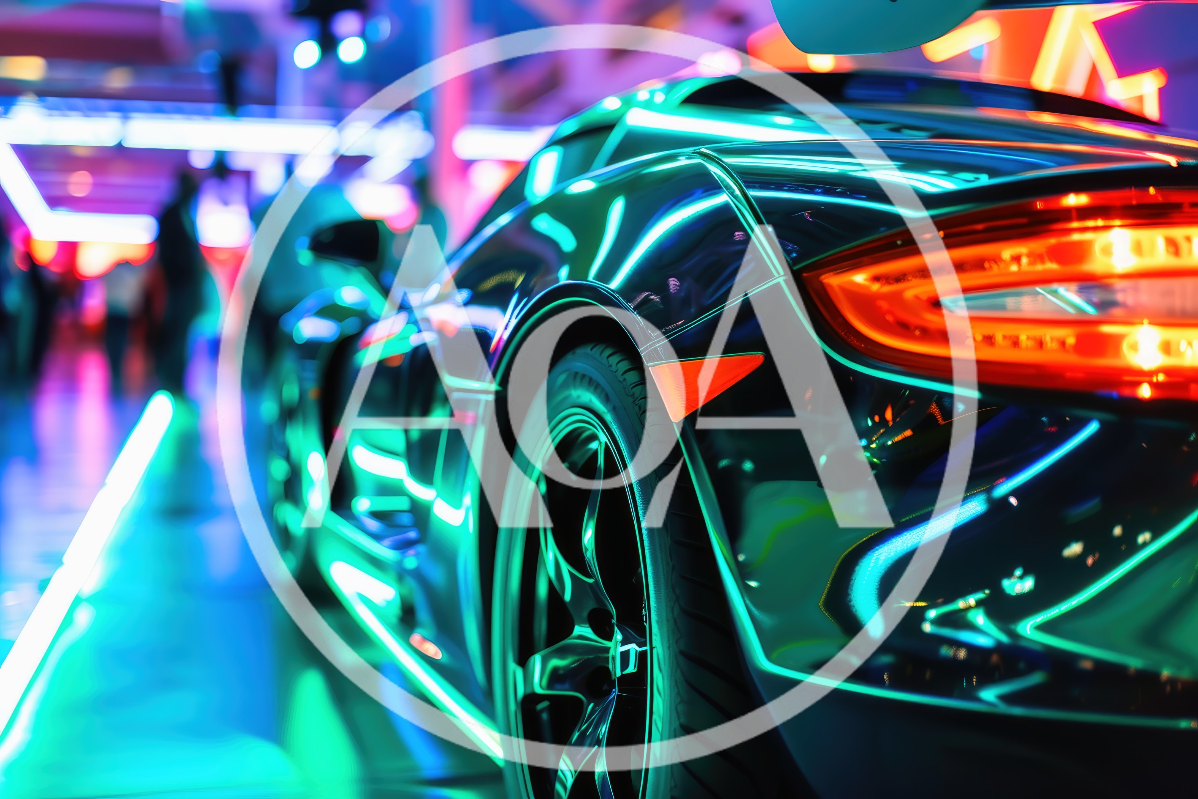 Luxury Sports Car Displayed In Neon Lit Showroom