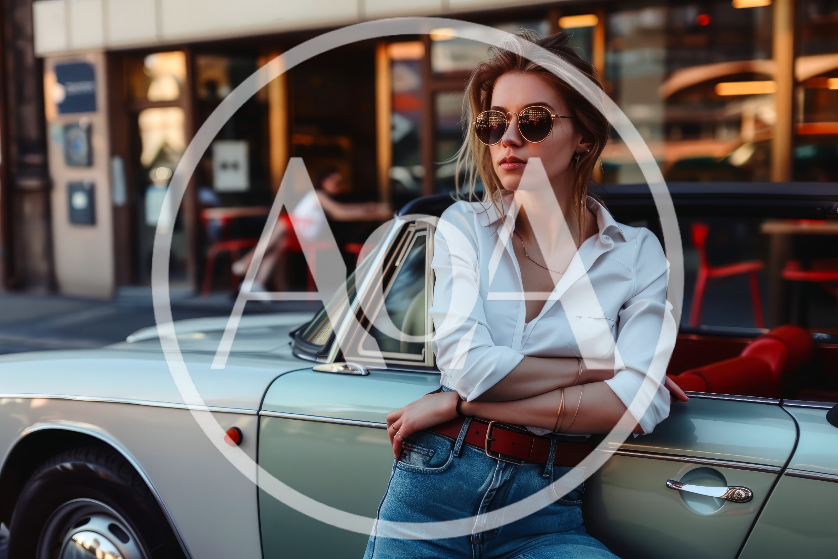 Stylish Woman Leaning Against Vintage Convertible Car