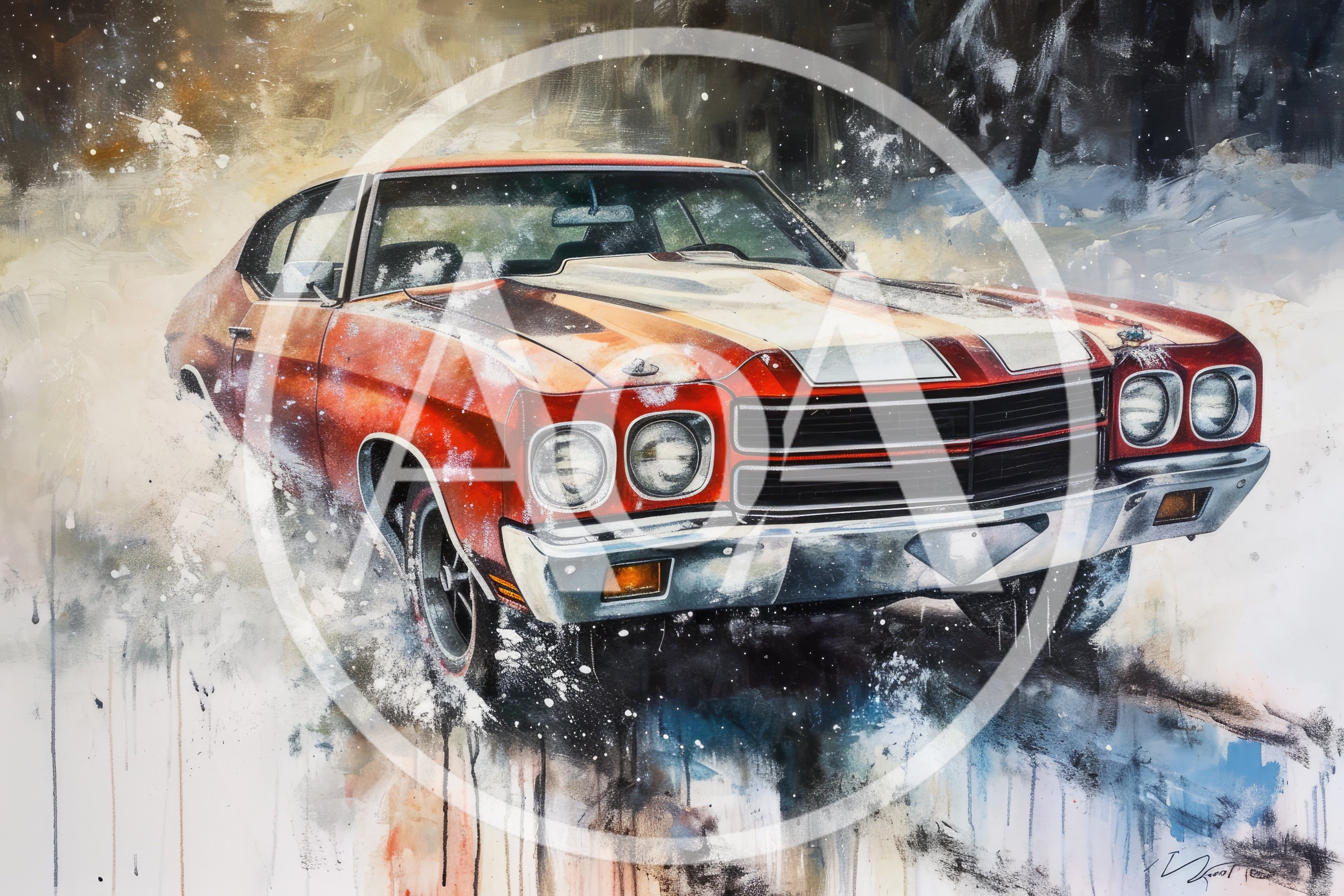 Classic Red Muscle Car Artistic Painting