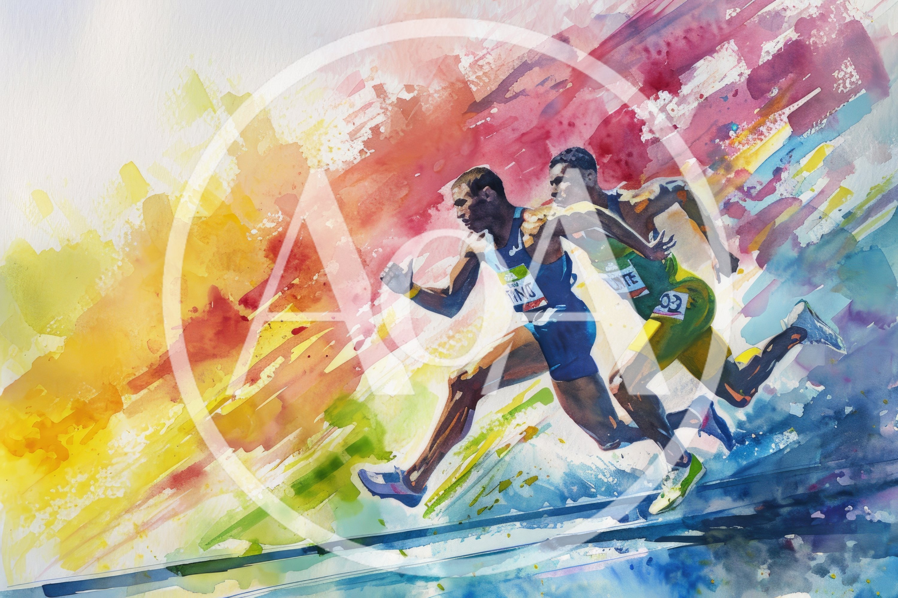Watercolor Illustration Of Two Male Sprinters Racing