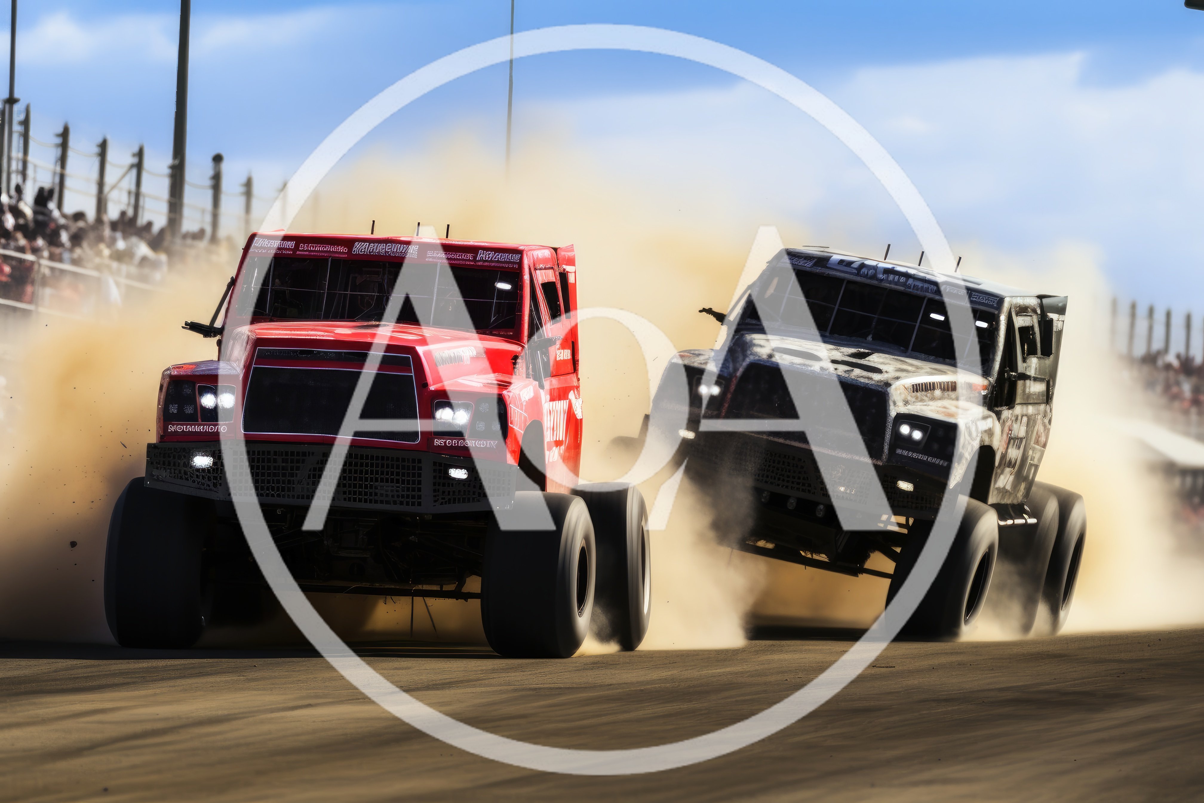 Two Off-Road Racing Trucks Competing On Dirt Track
