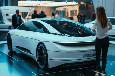 Woman Observing Futuristic Concept Car at Auto Show