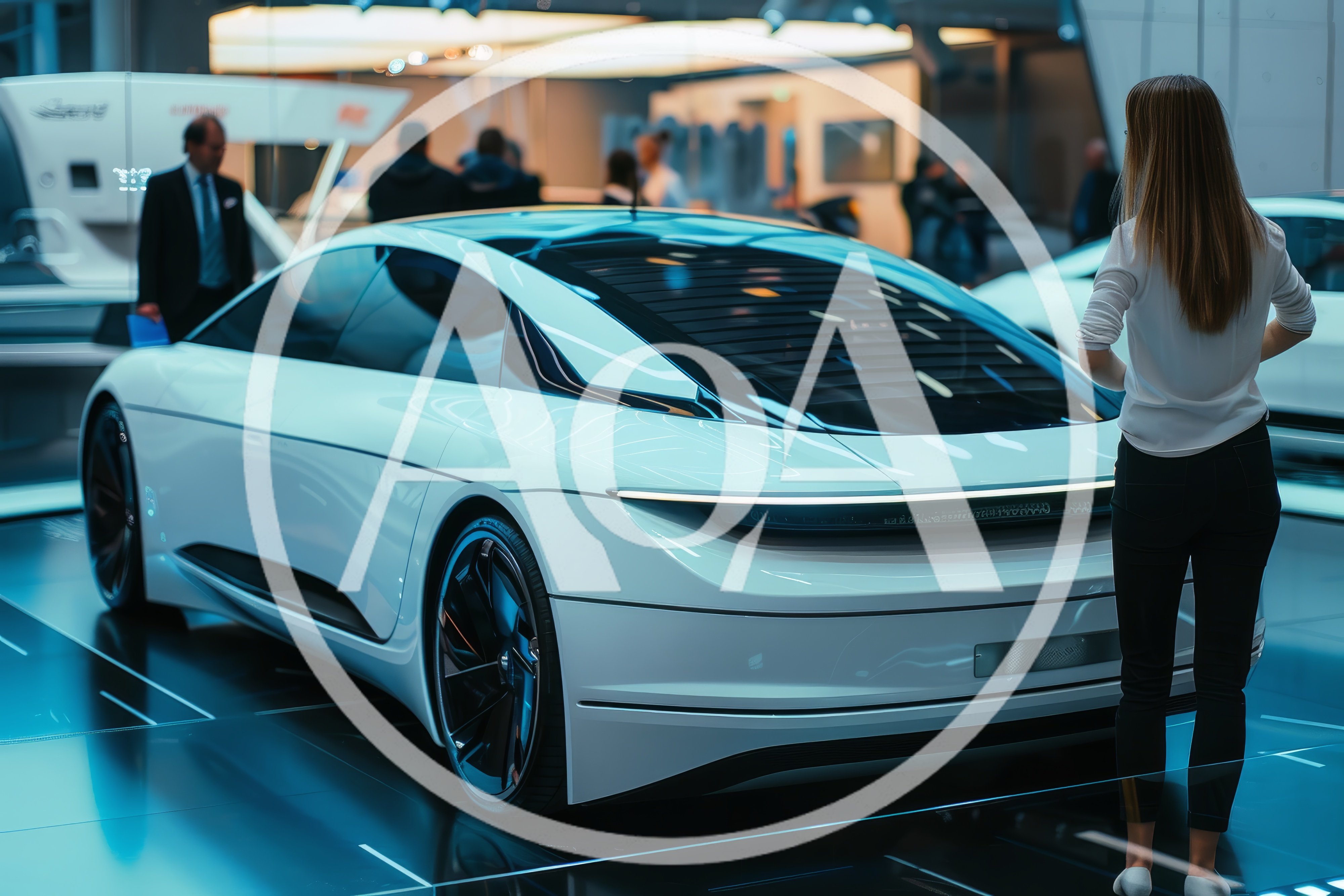 Woman Observing Futuristic Concept Car at Auto Show
