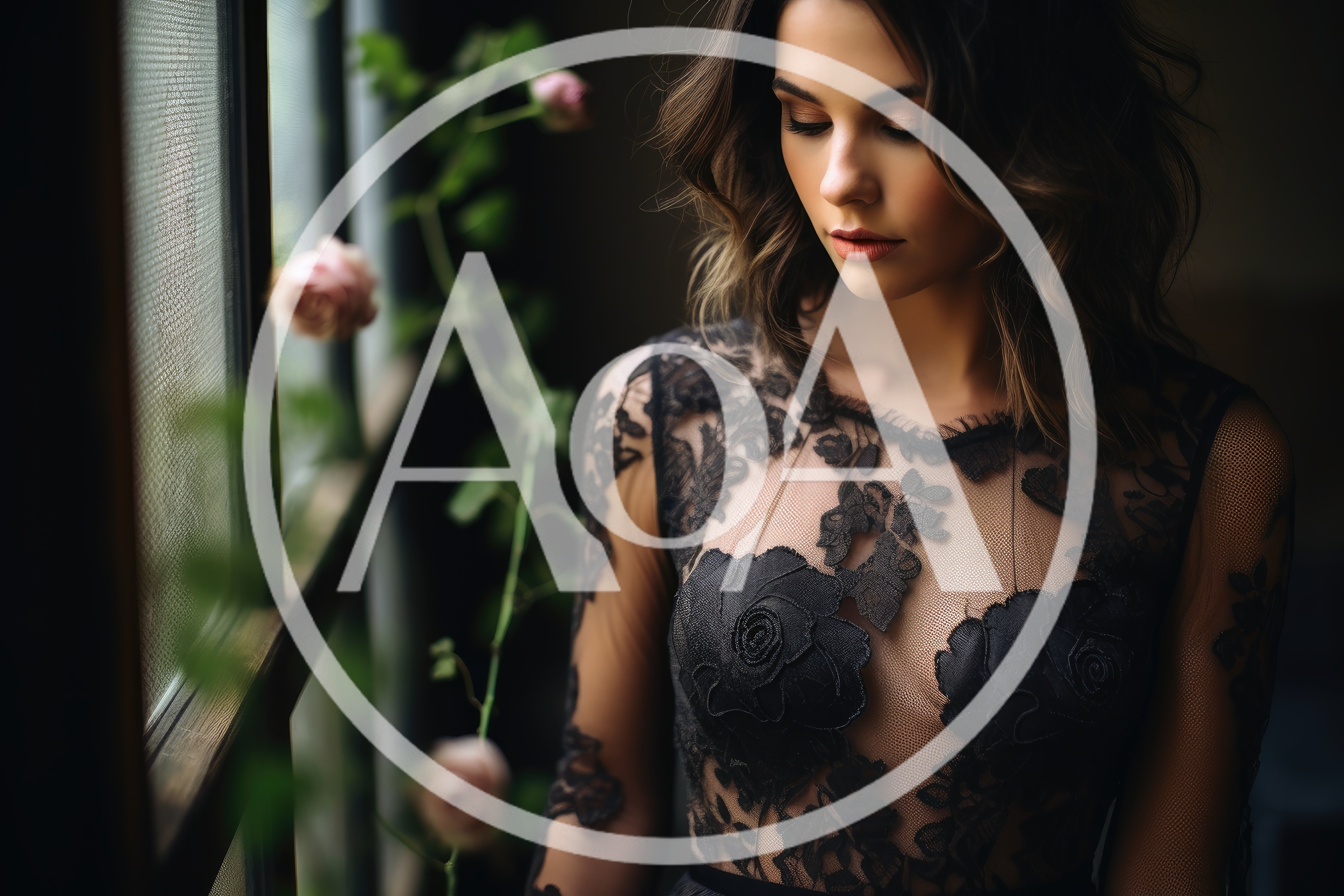 Elegant Woman In Black Lace Dress By Window