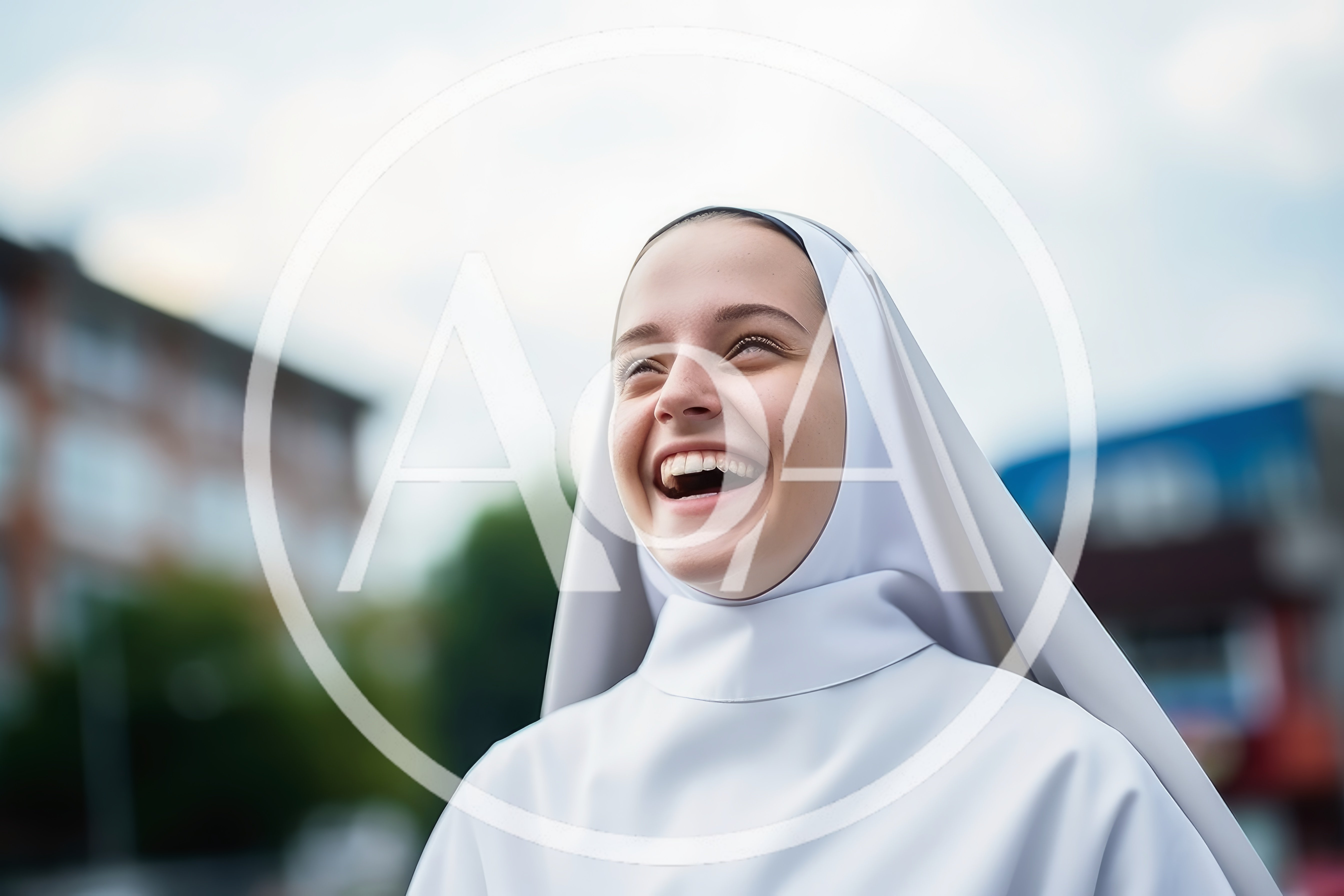 Young Nun Laughing Outdoors In Bright Daylight