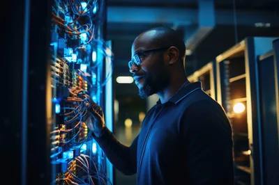 IT Technician Working On Server Rack In Data Center
