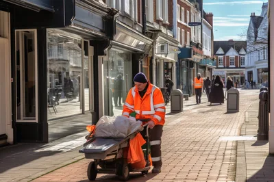 Street Cleaner Working On A Sunny Pedestrianized Town Center