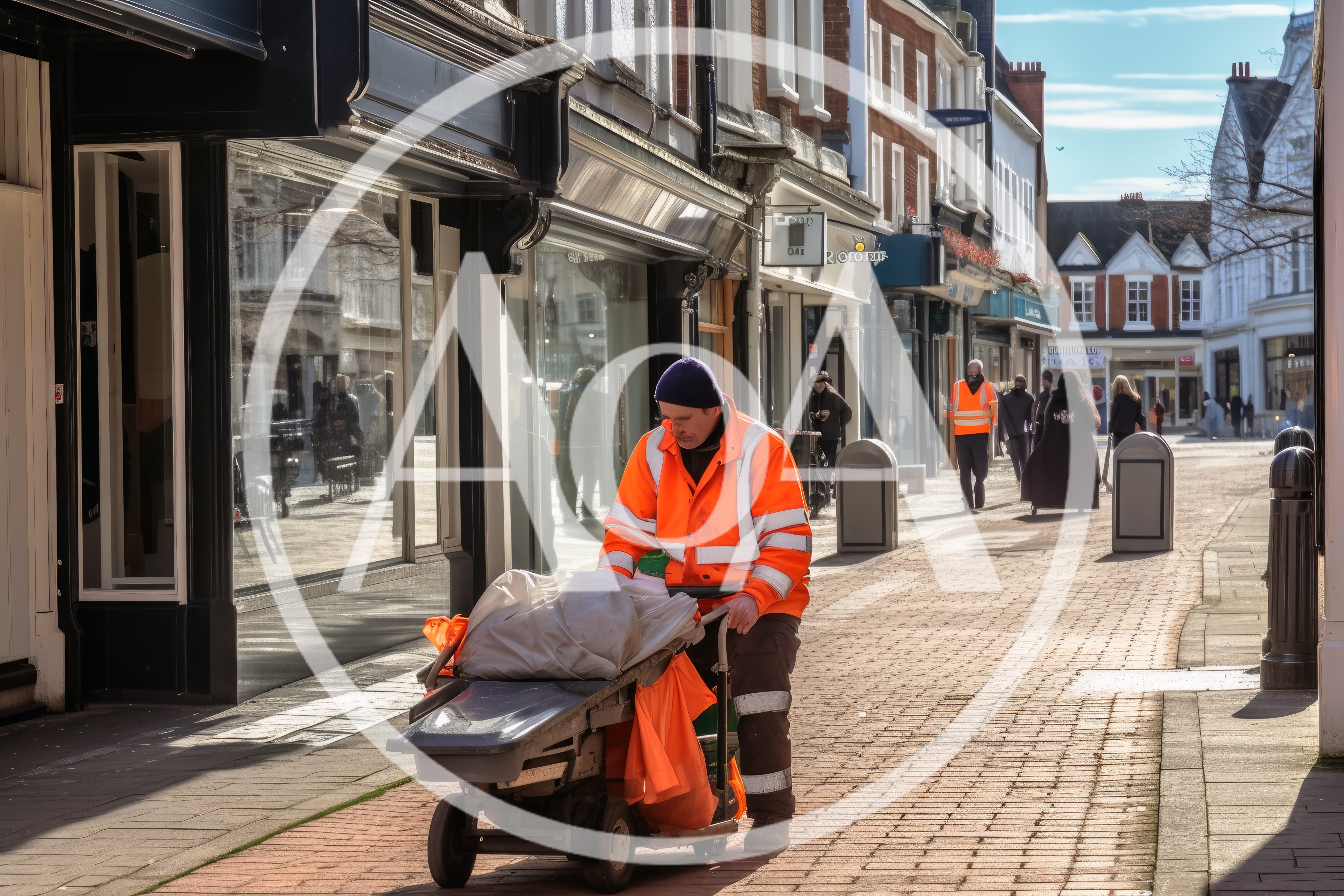 Street Cleaner Working On A Sunny Pedestrianized Town Center