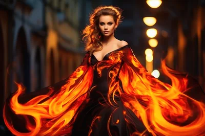 Woman Wearing A Dress Made Of Living Fire