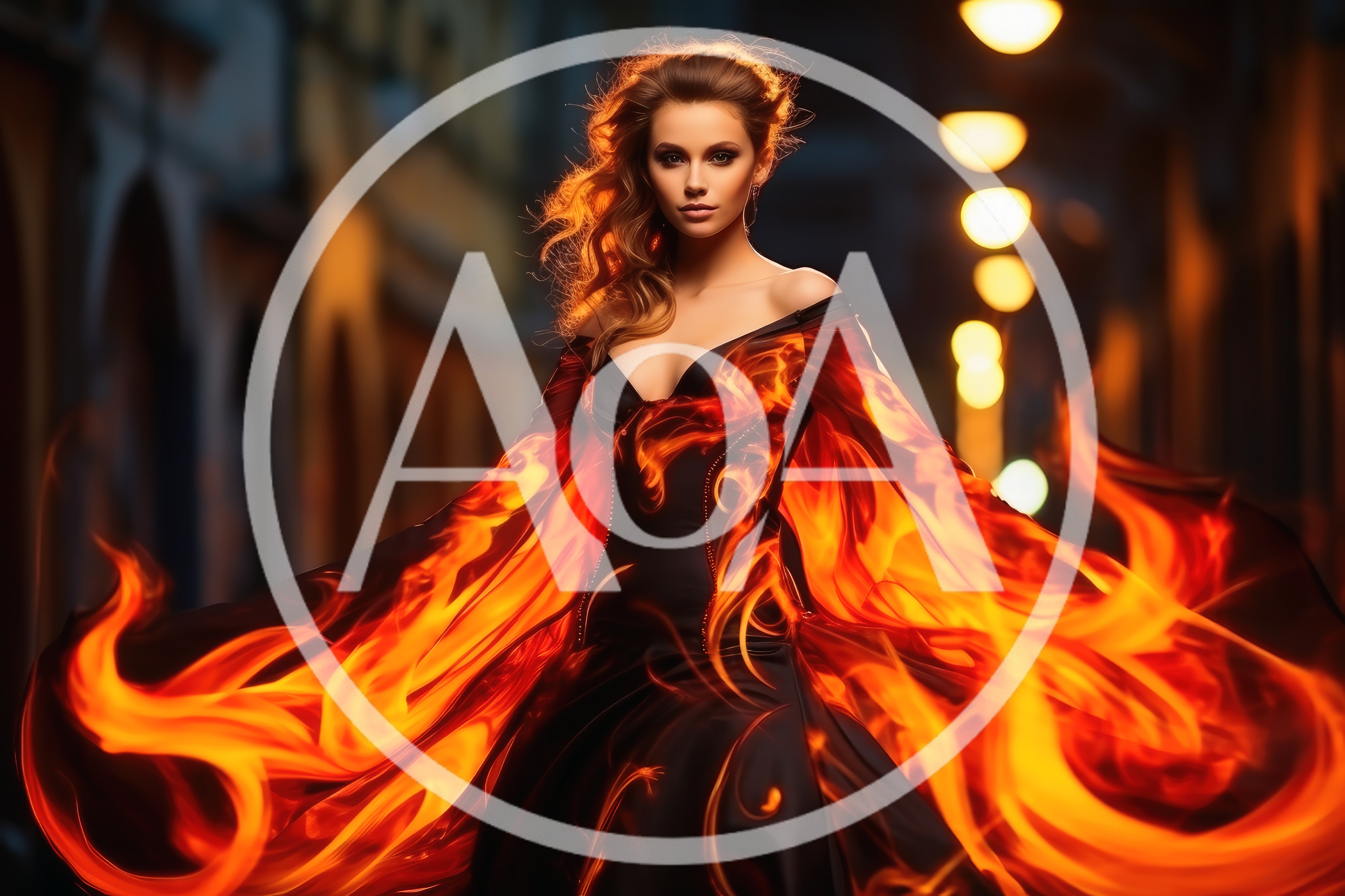 Woman Wearing A Dress Made Of Living Fire